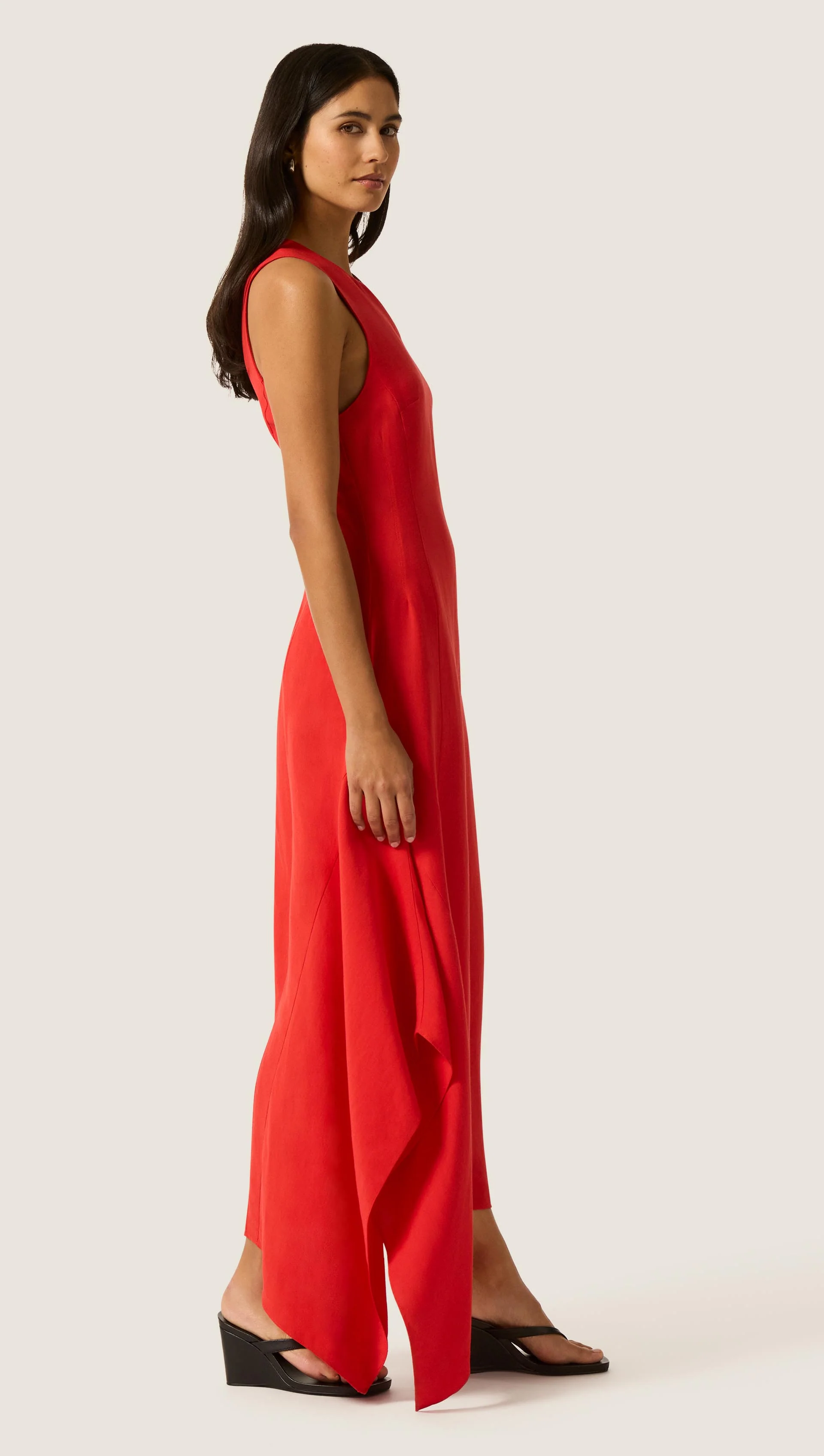 Asymmetrical Dress in Viscose Linen | Coral Red - Image 3