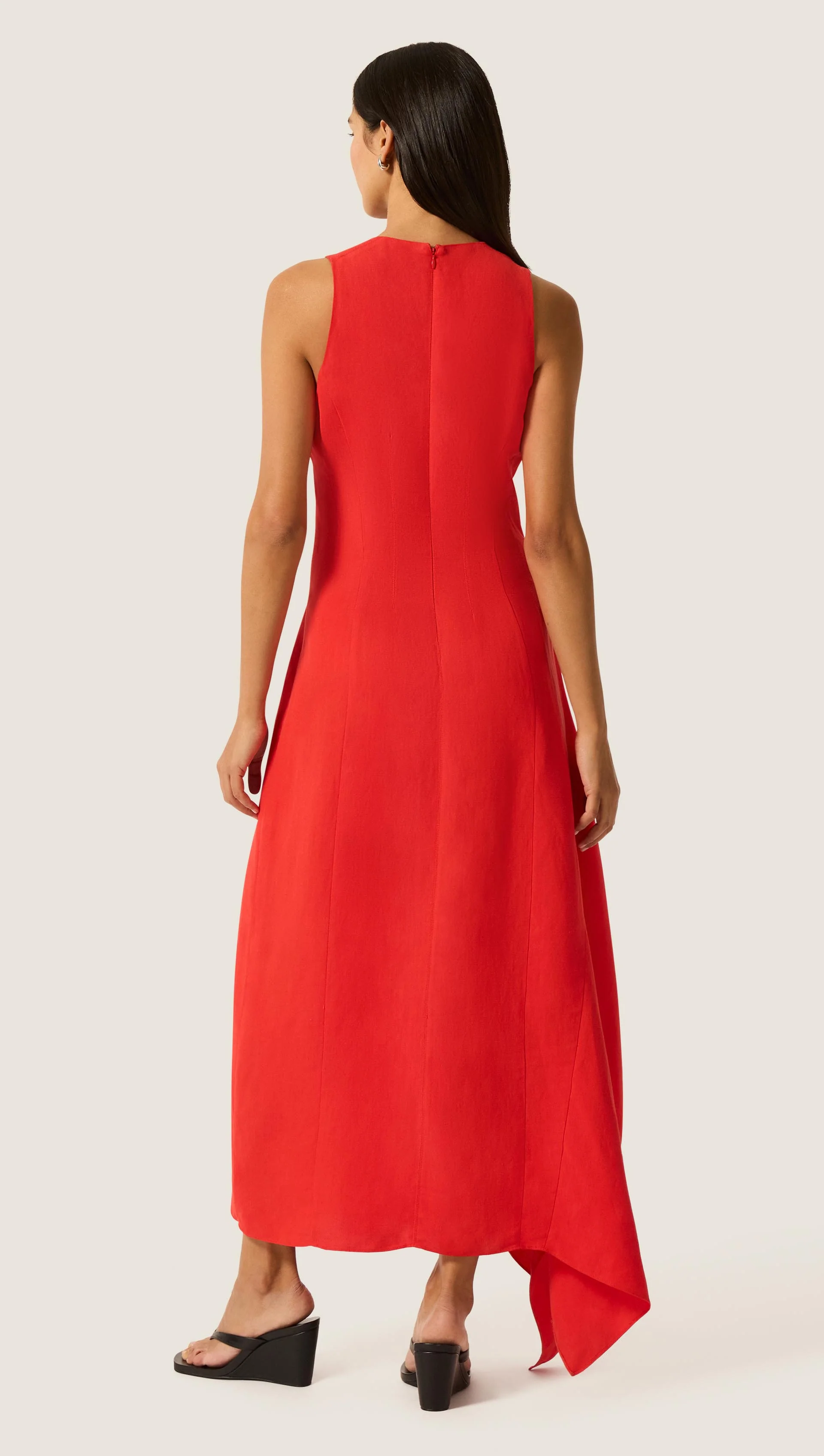 Asymmetrical Dress in Viscose Linen | Coral Red - Image 4