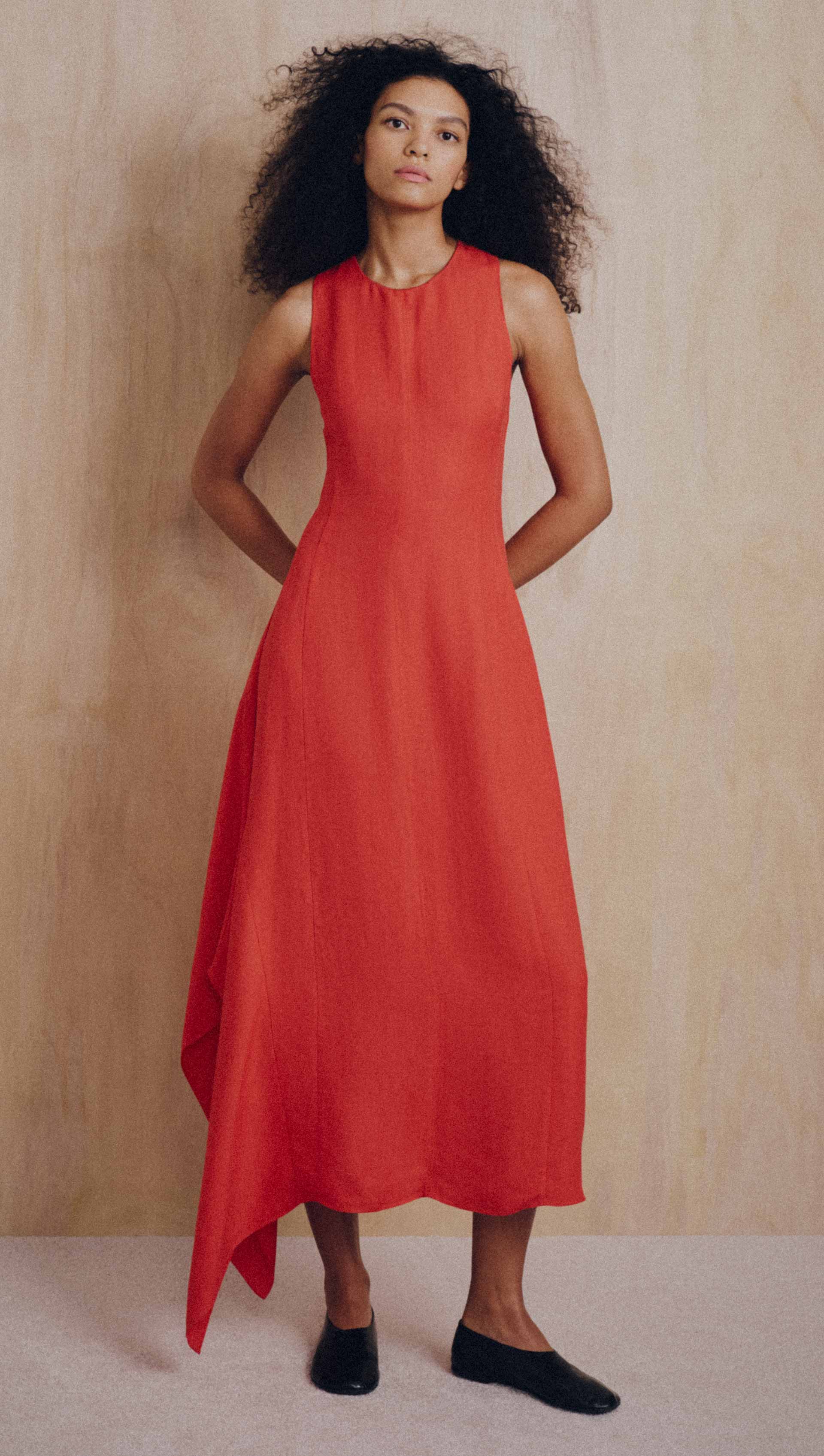 Asymmetrical Dress in Viscose Linen | Coral Red - Image 7