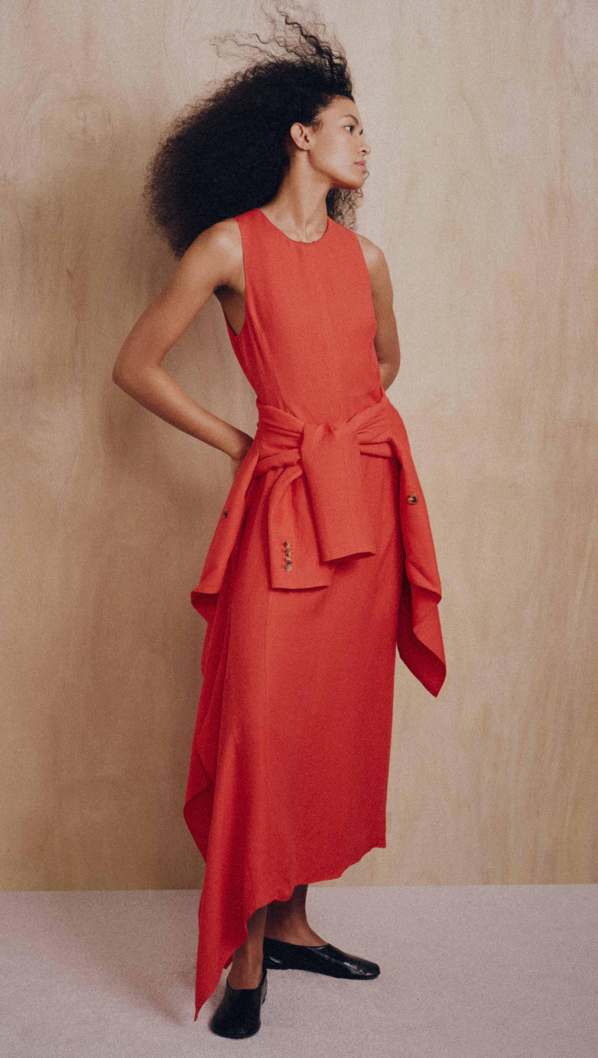 Asymmetrical Dress in Viscose Linen | Coral Red - Image 8