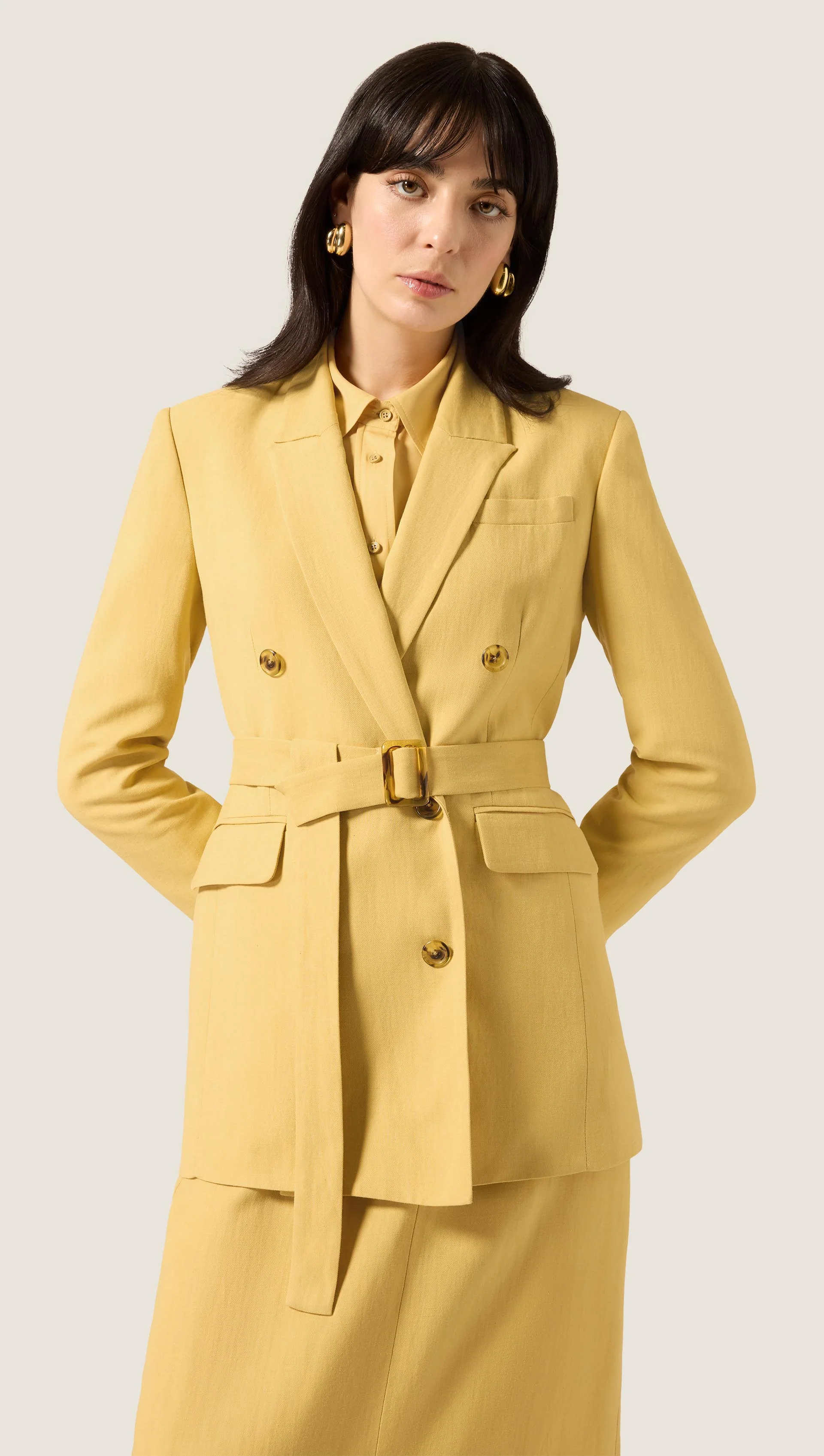Belted Double-Breasted Blazer in Viscose Linen | Sunflower