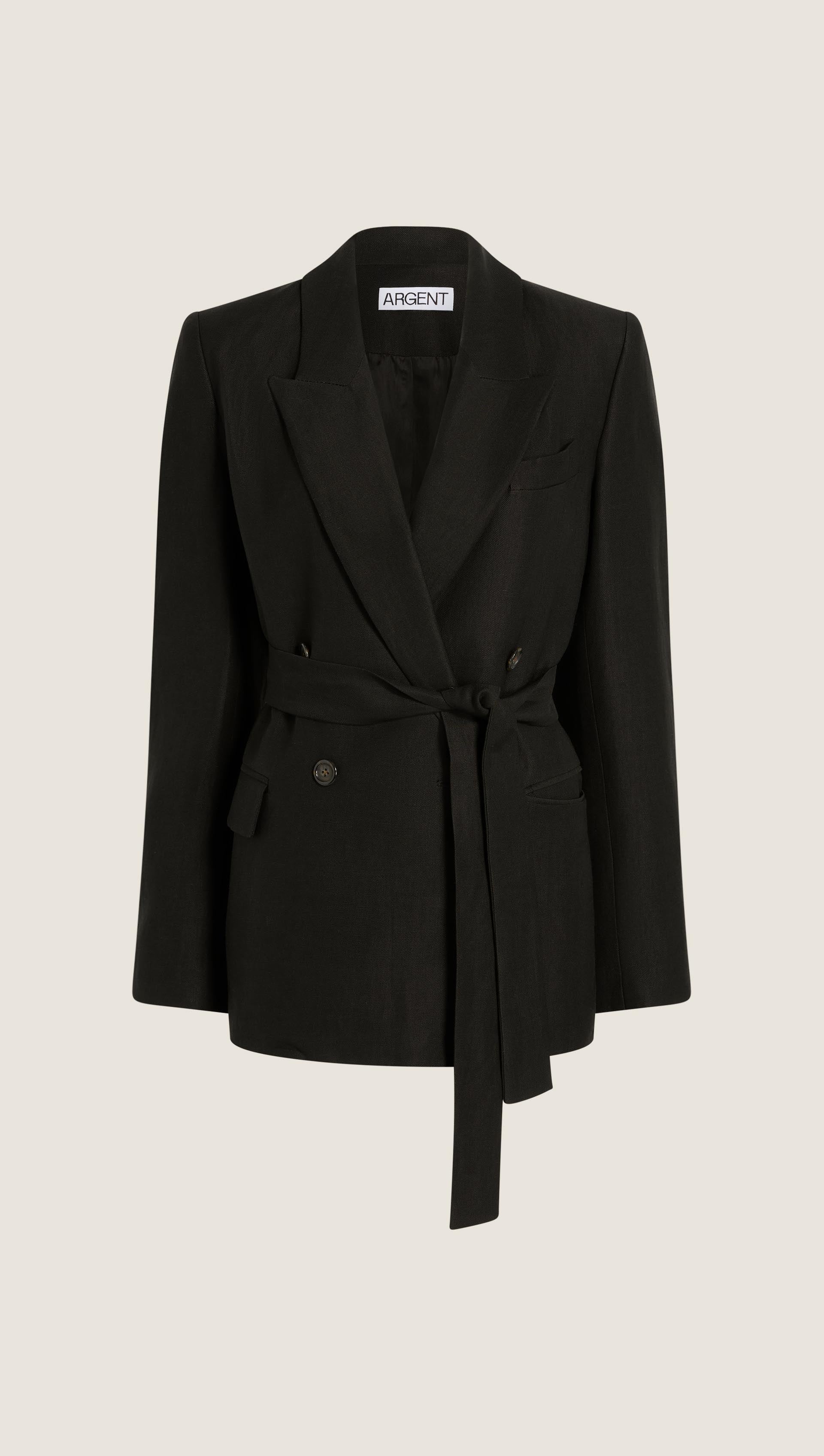Belted Peak Lapel Blazer in Viscose Linen | Black - Image 8