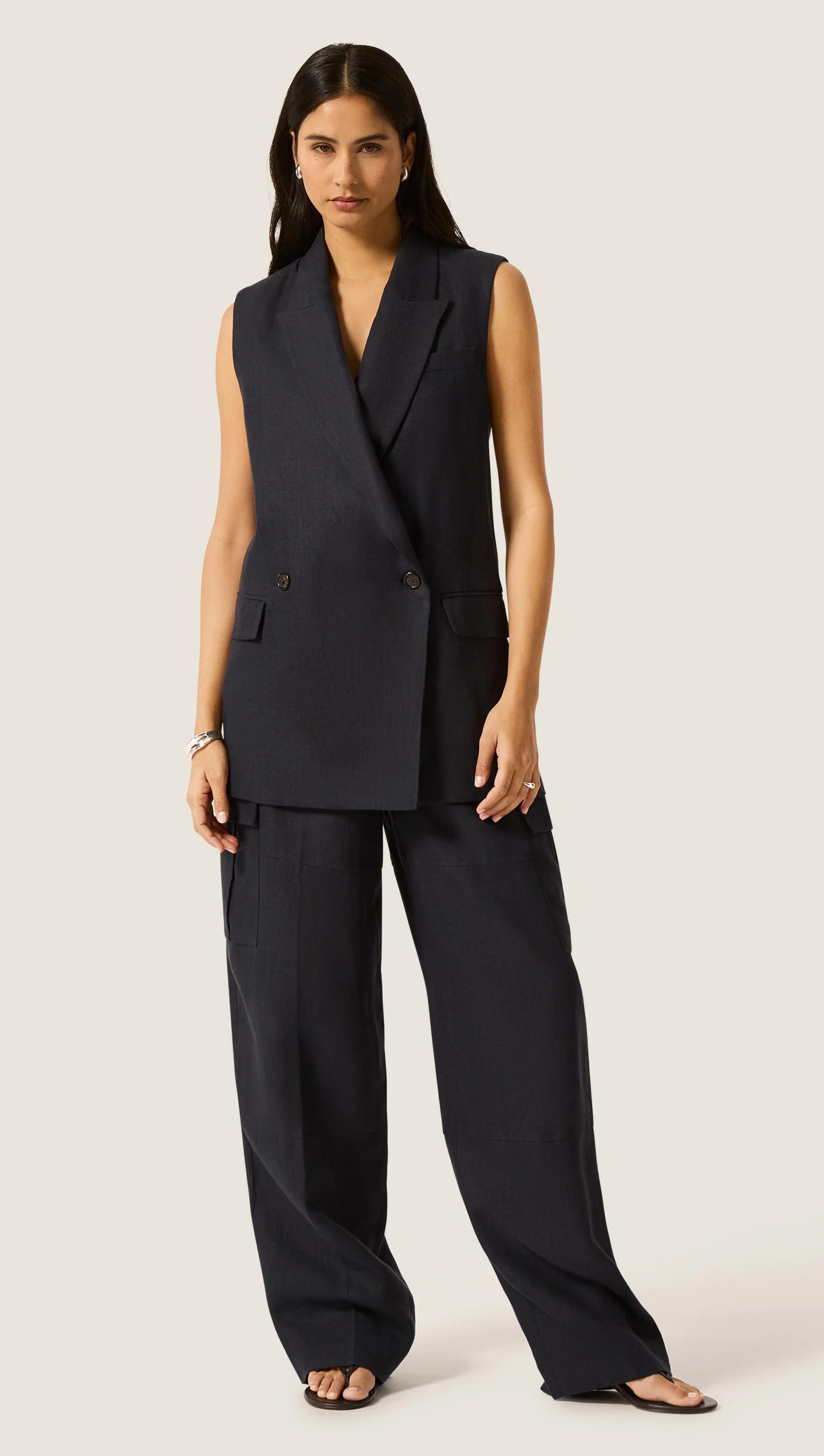 Belted Vest in Linen Twill | Midnight - Image 3