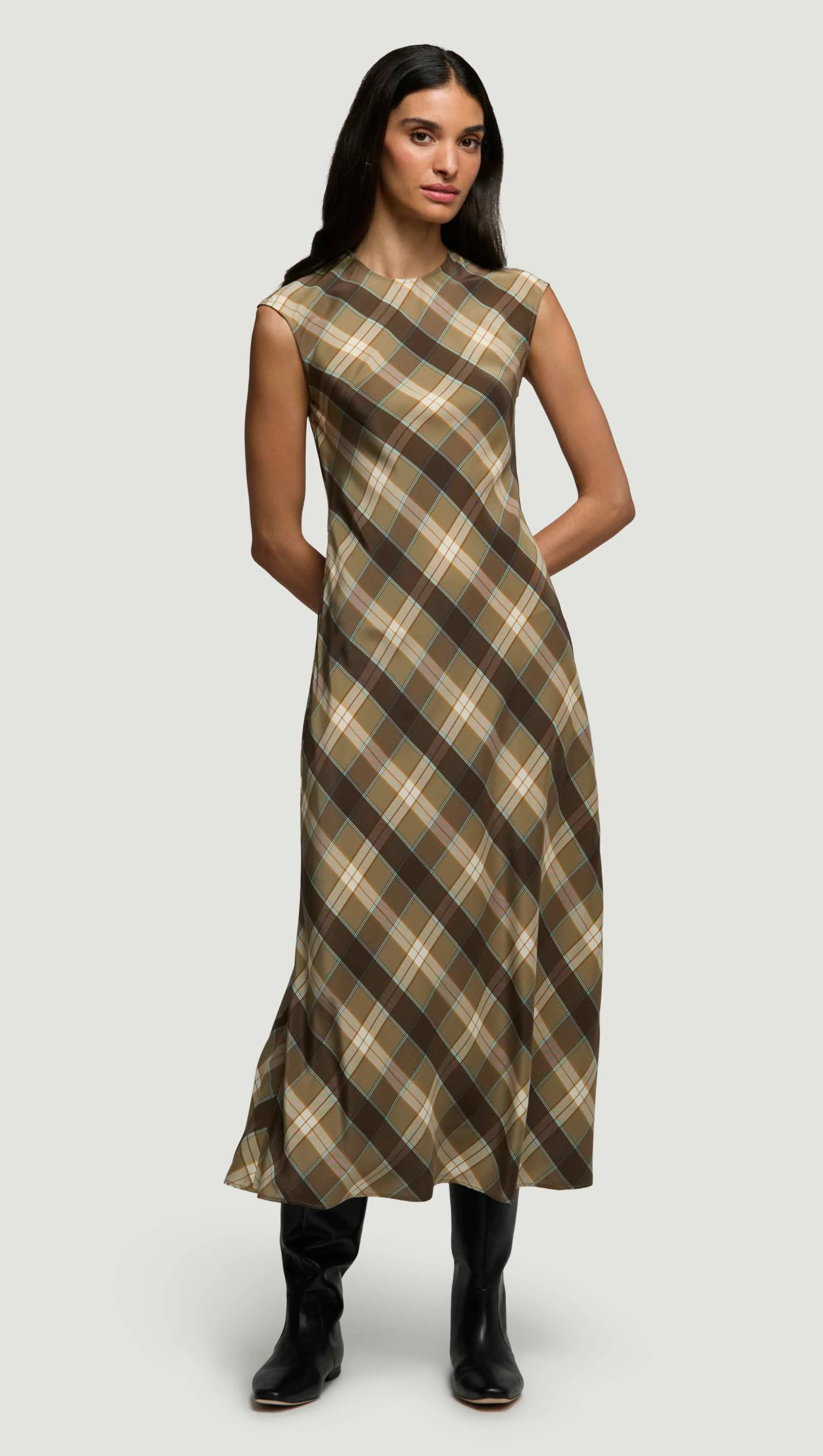 Bias Dress in Silk Charmeuse | Brown Plaid - Image 3