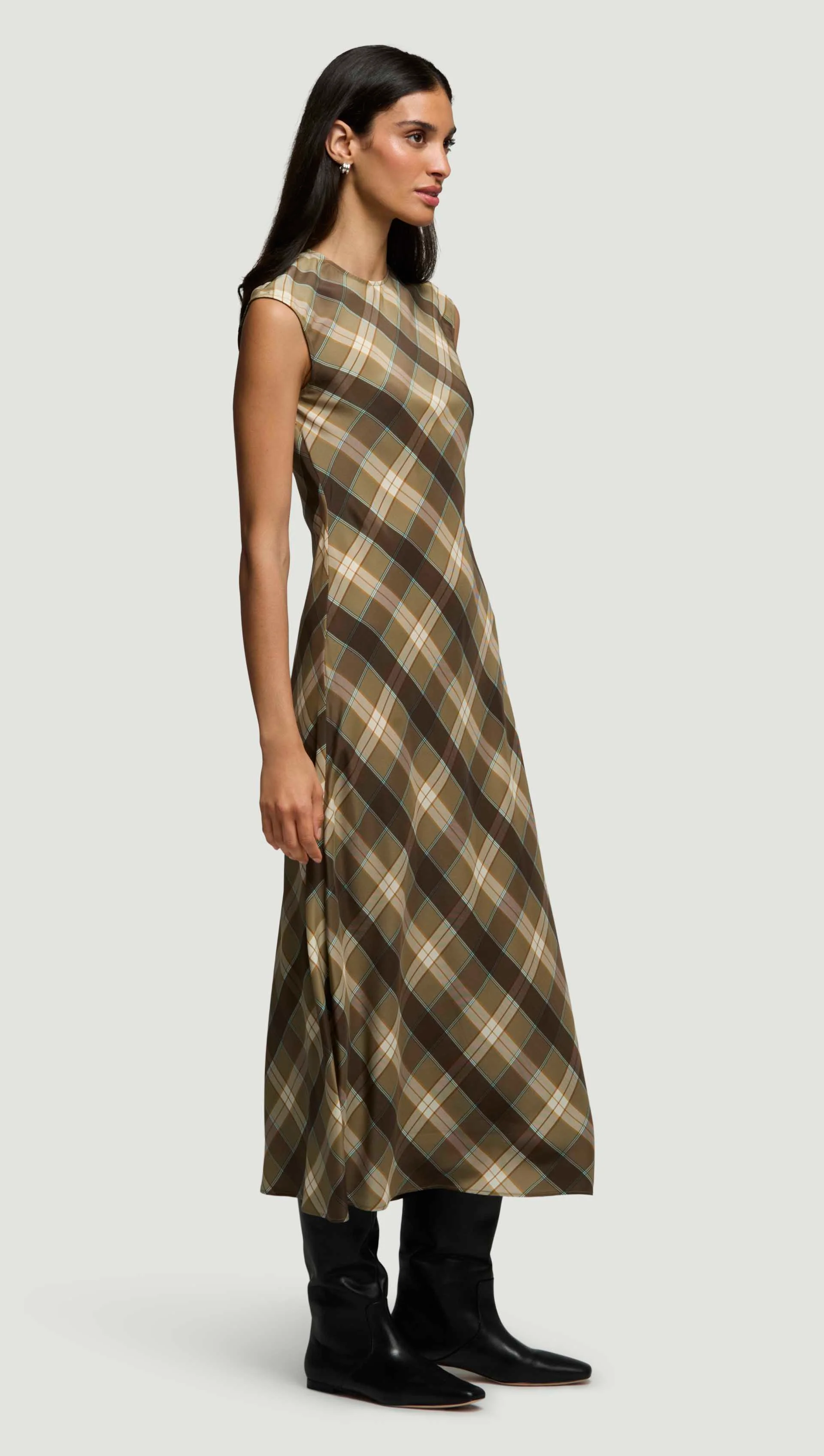 Bias Dress in Silk Charmeuse | Brown Plaid - Image 5