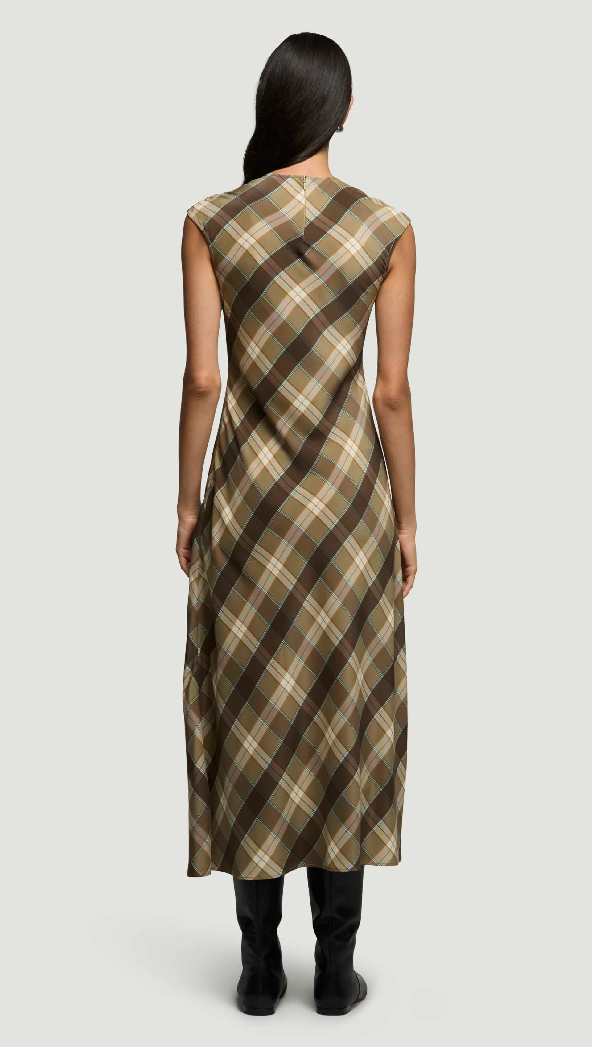 Bias Dress in Silk Charmeuse | Brown Plaid - Image 6