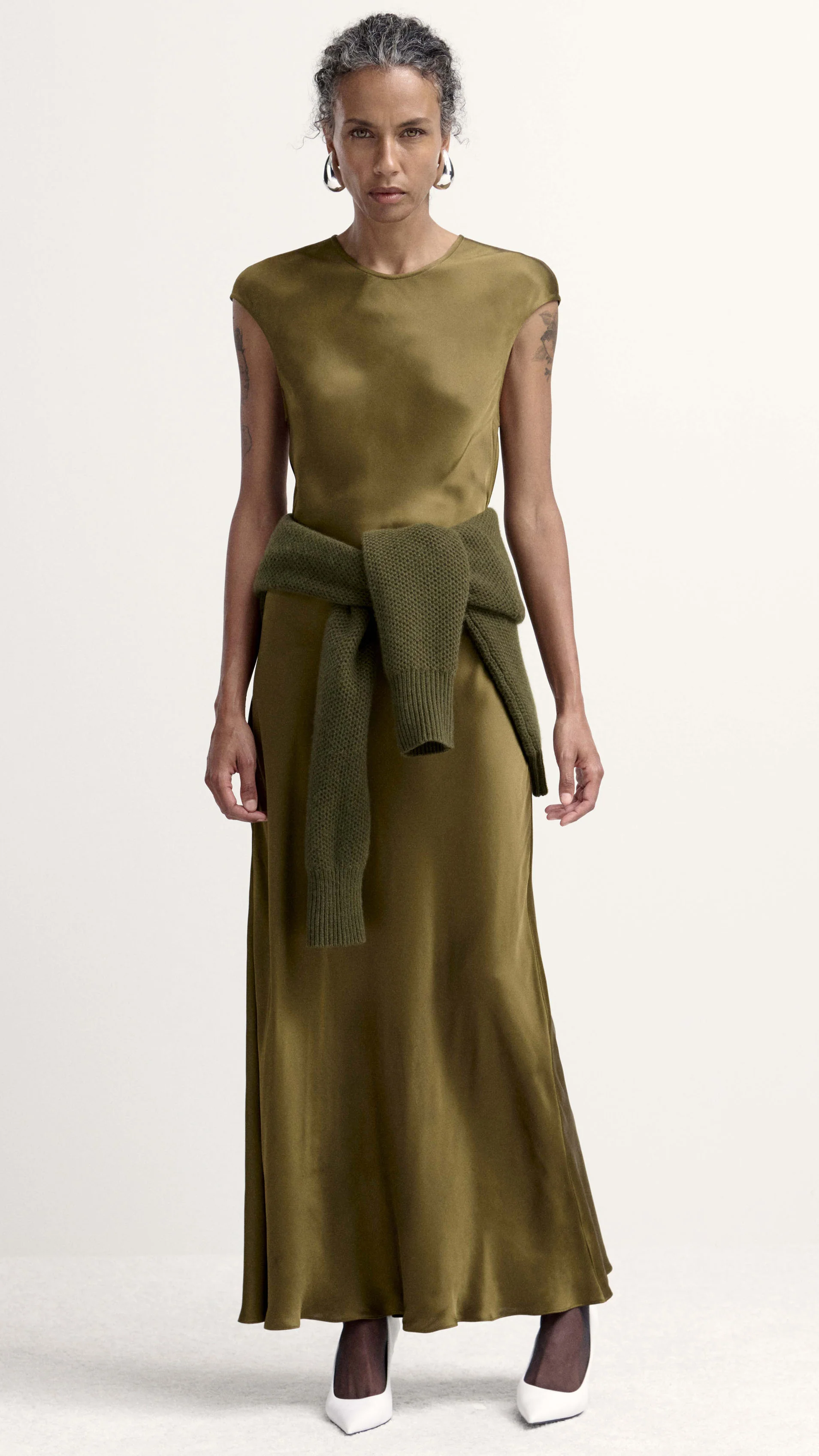 Bias Dress in Viscose Satin | Olive - Image 7