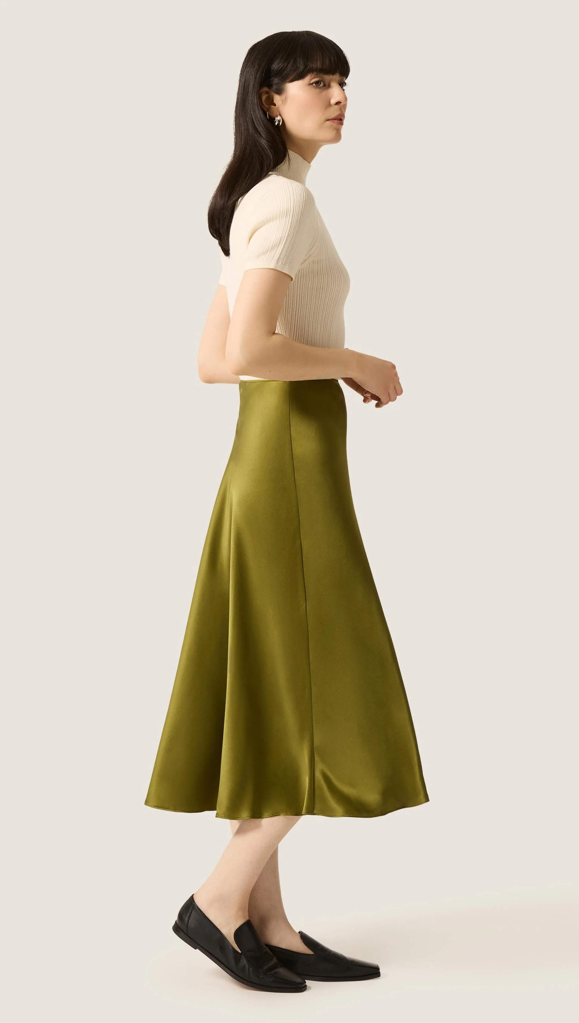 Bias Midi Skirt in Silk Charmeuse | Pickle - Image 3