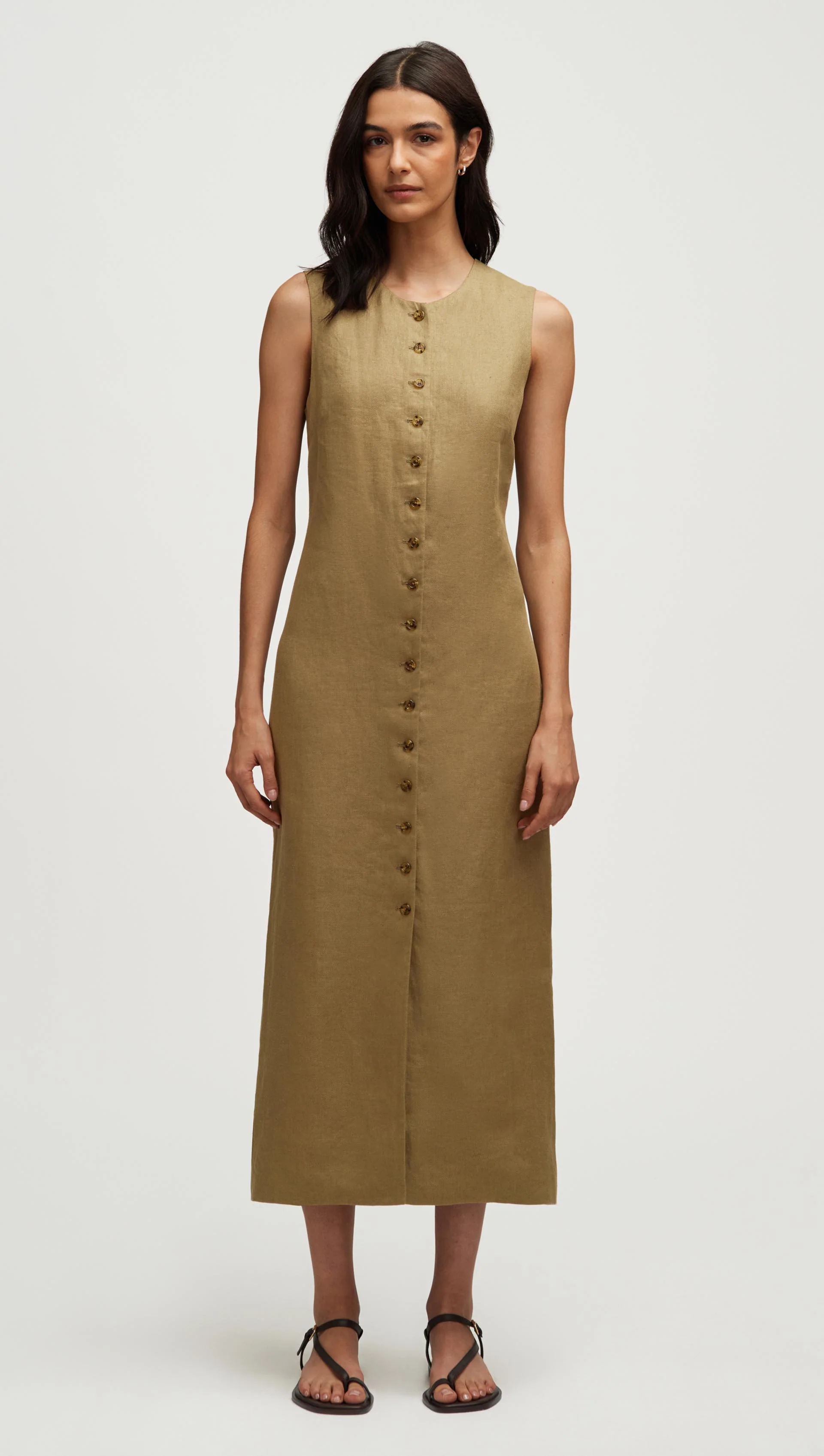Button Dress in Basket Weave Linen | Fern