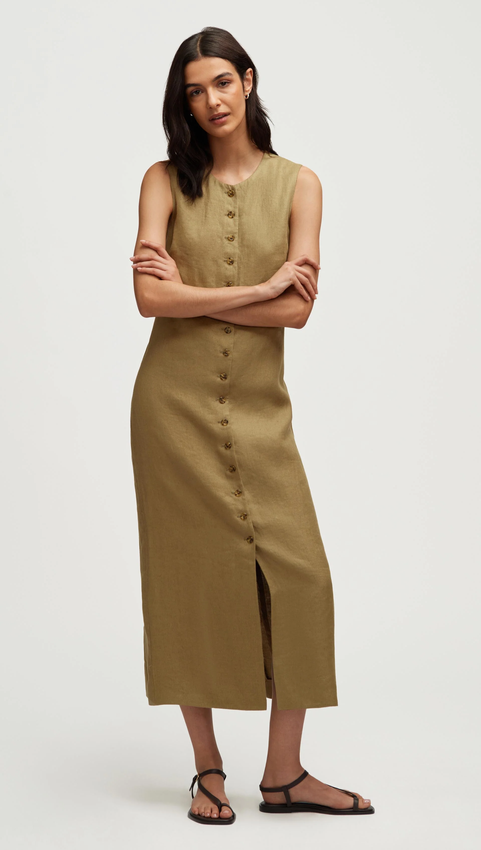 Button Dress in Basket Weave Linen | Fern - Image 2