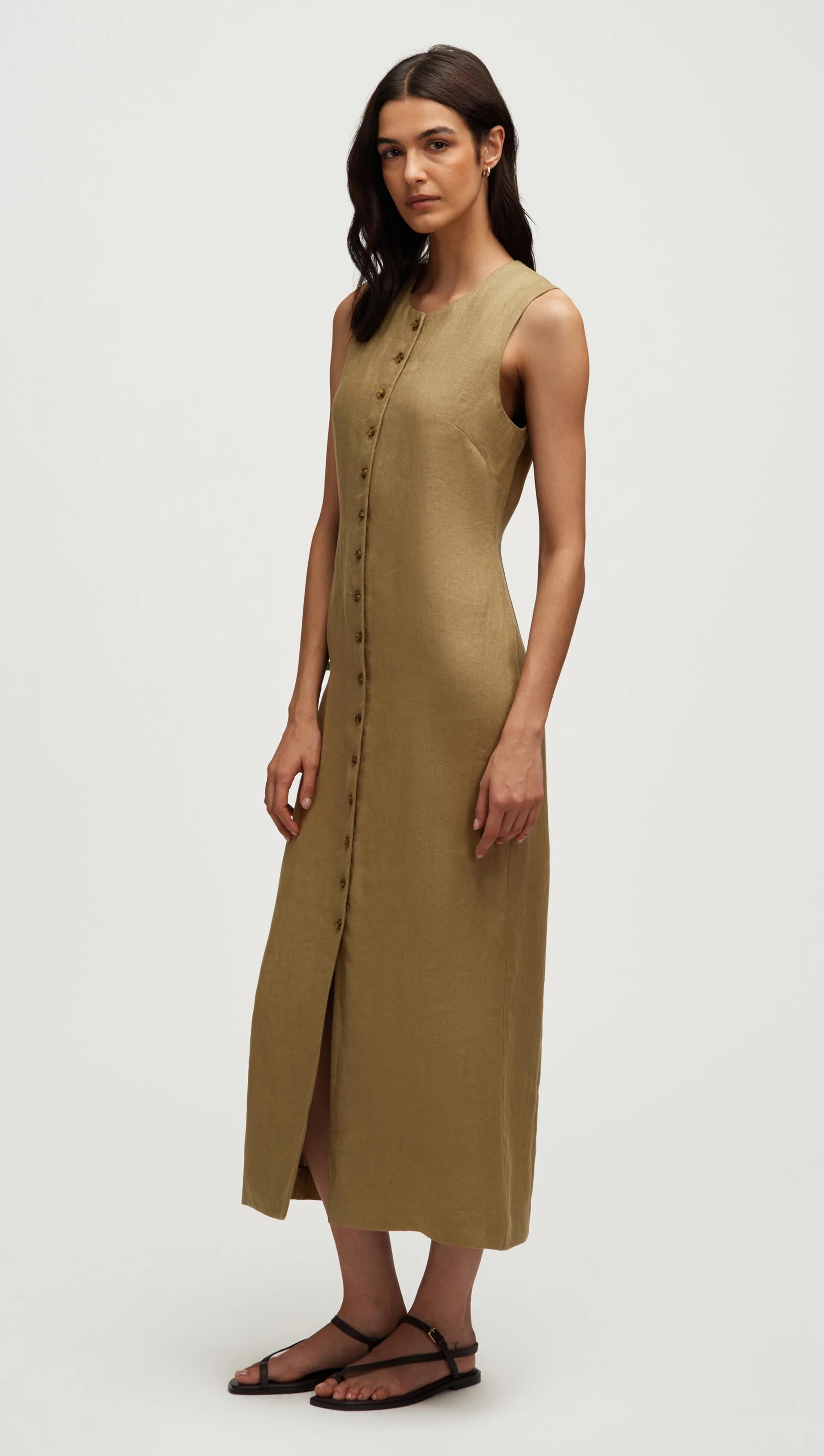 Button Dress in Basket Weave Linen | Fern - Image 3