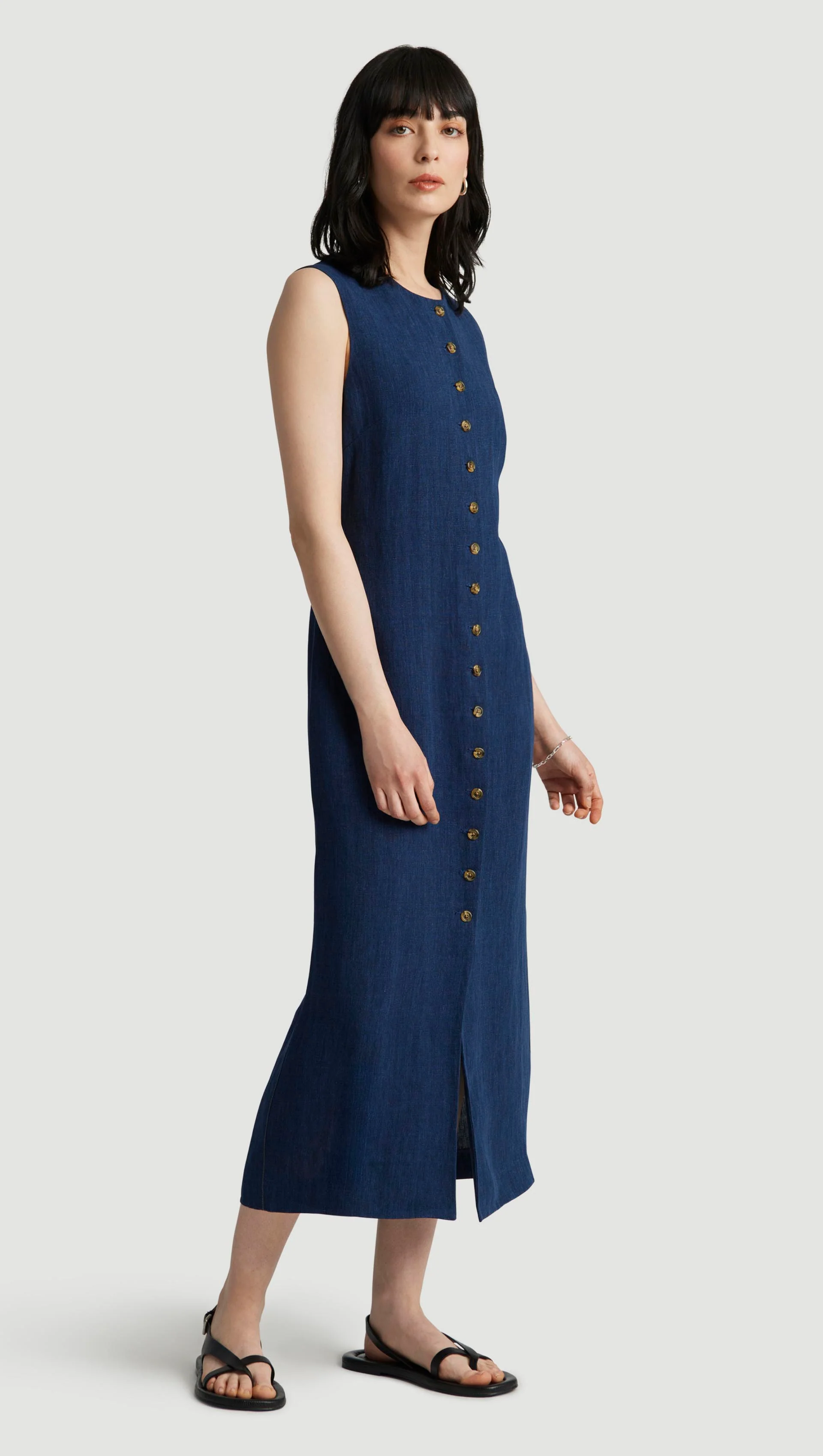 Button Dress in Linen | Denim - Image 3
