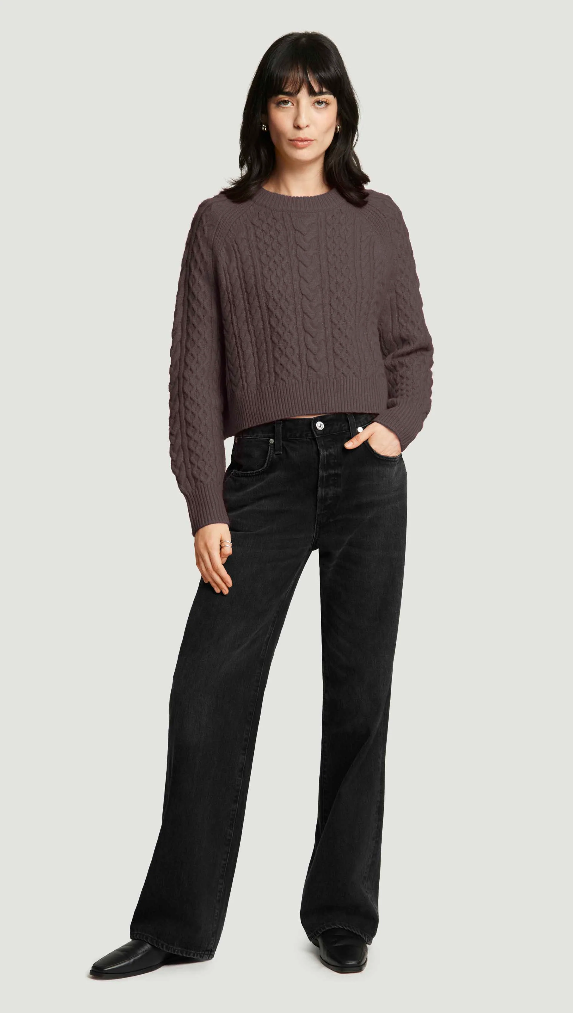 Cable Raglan Sweater in Lambswool | Tornado Brown - Image 3