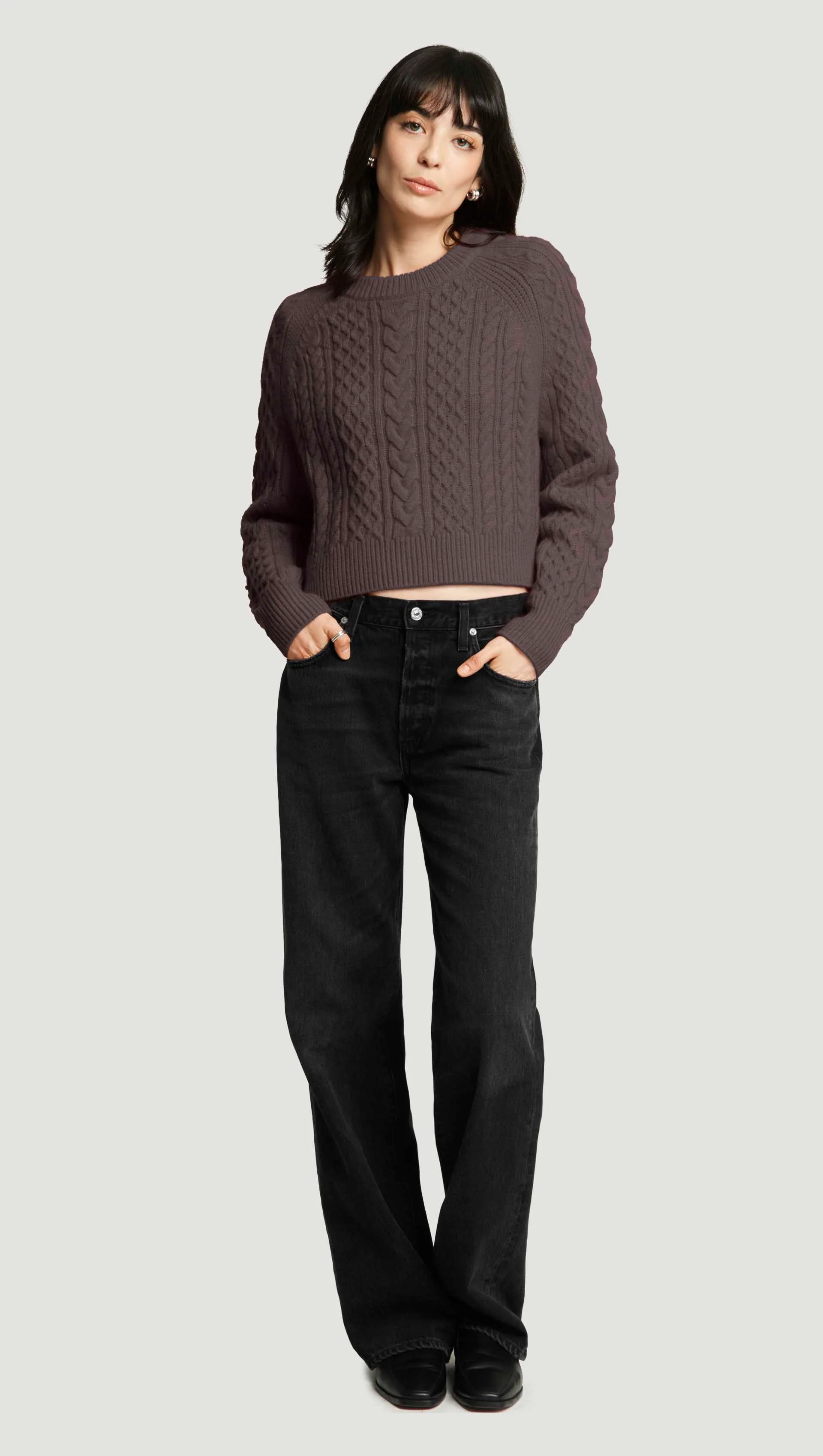 Cable Raglan Sweater in Lambswool | Tornado Brown - Image 4