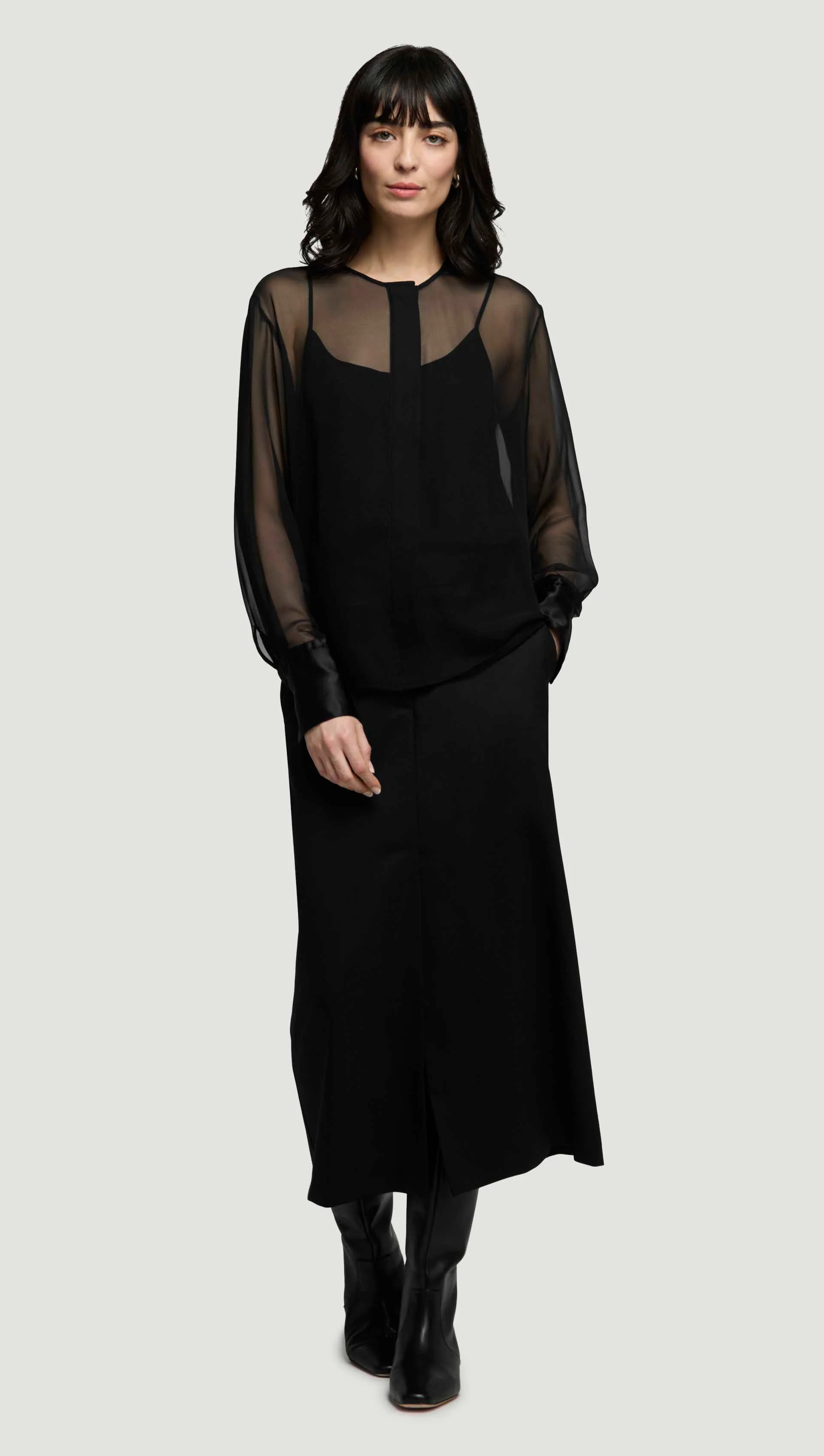 Collarless Blouse in Silk Chiffon | Black - Image 3
