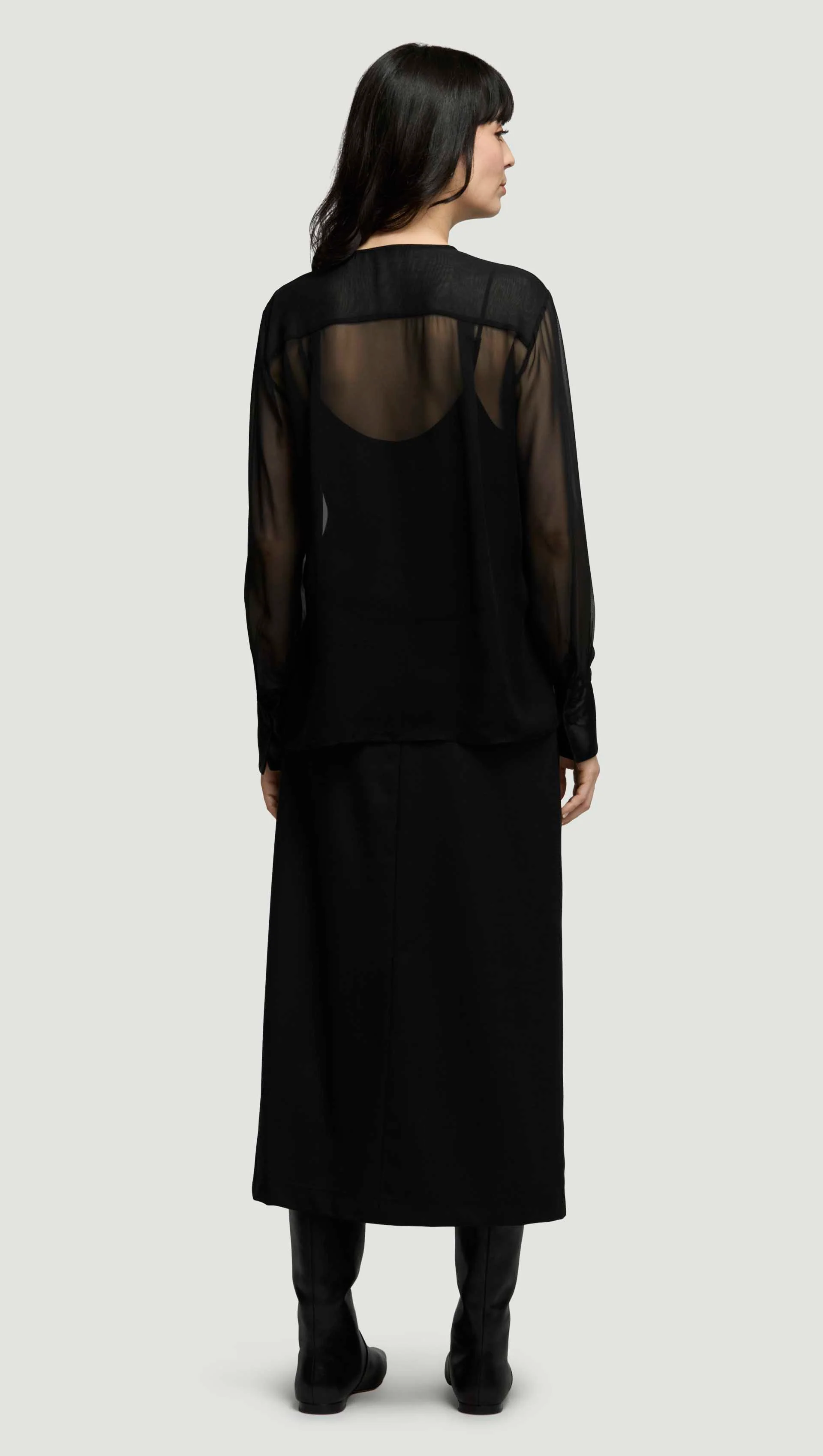 Collarless Blouse in Silk Chiffon | Black - Image 6