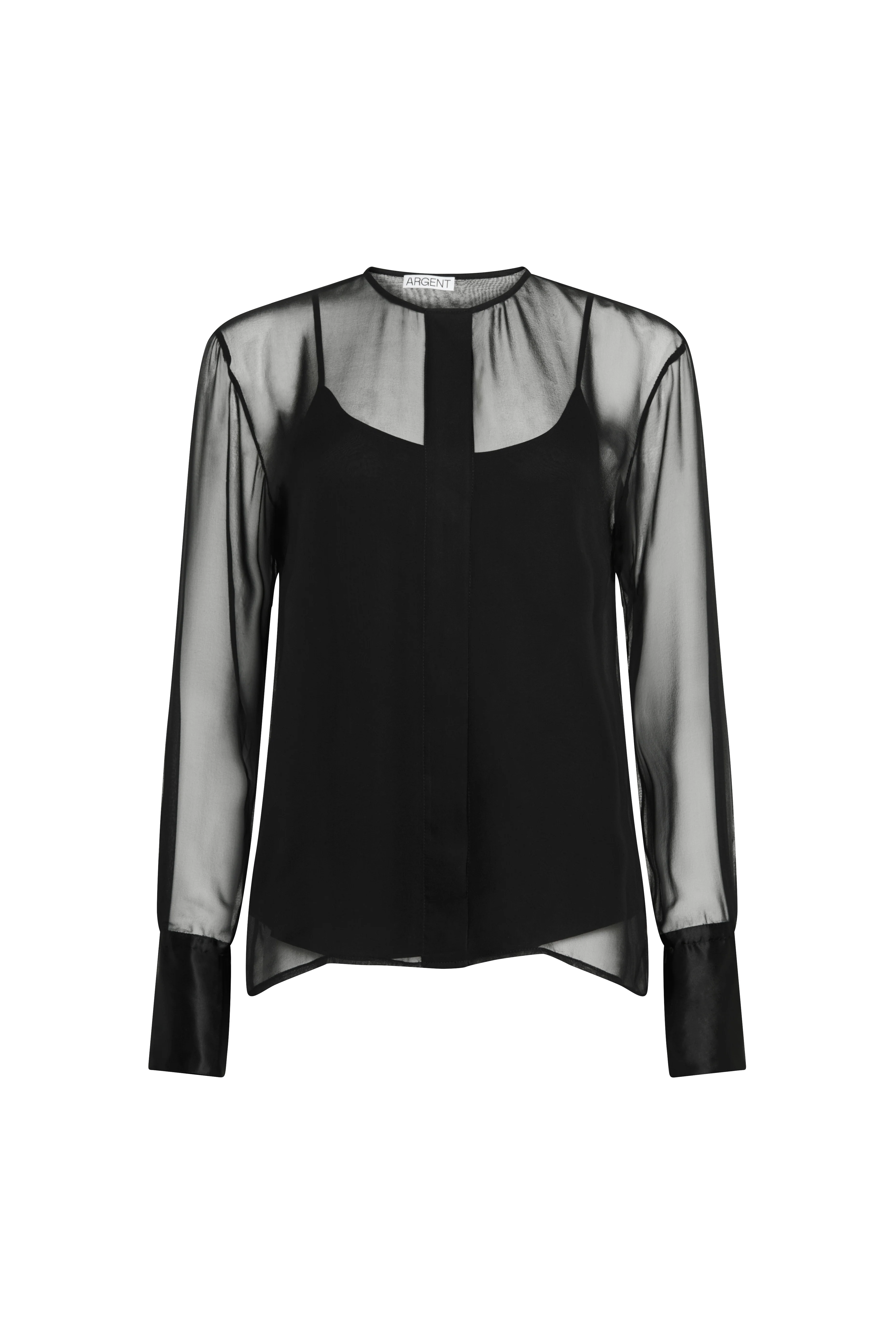 Collarless Blouse in Silk Chiffon | Black - Image 8