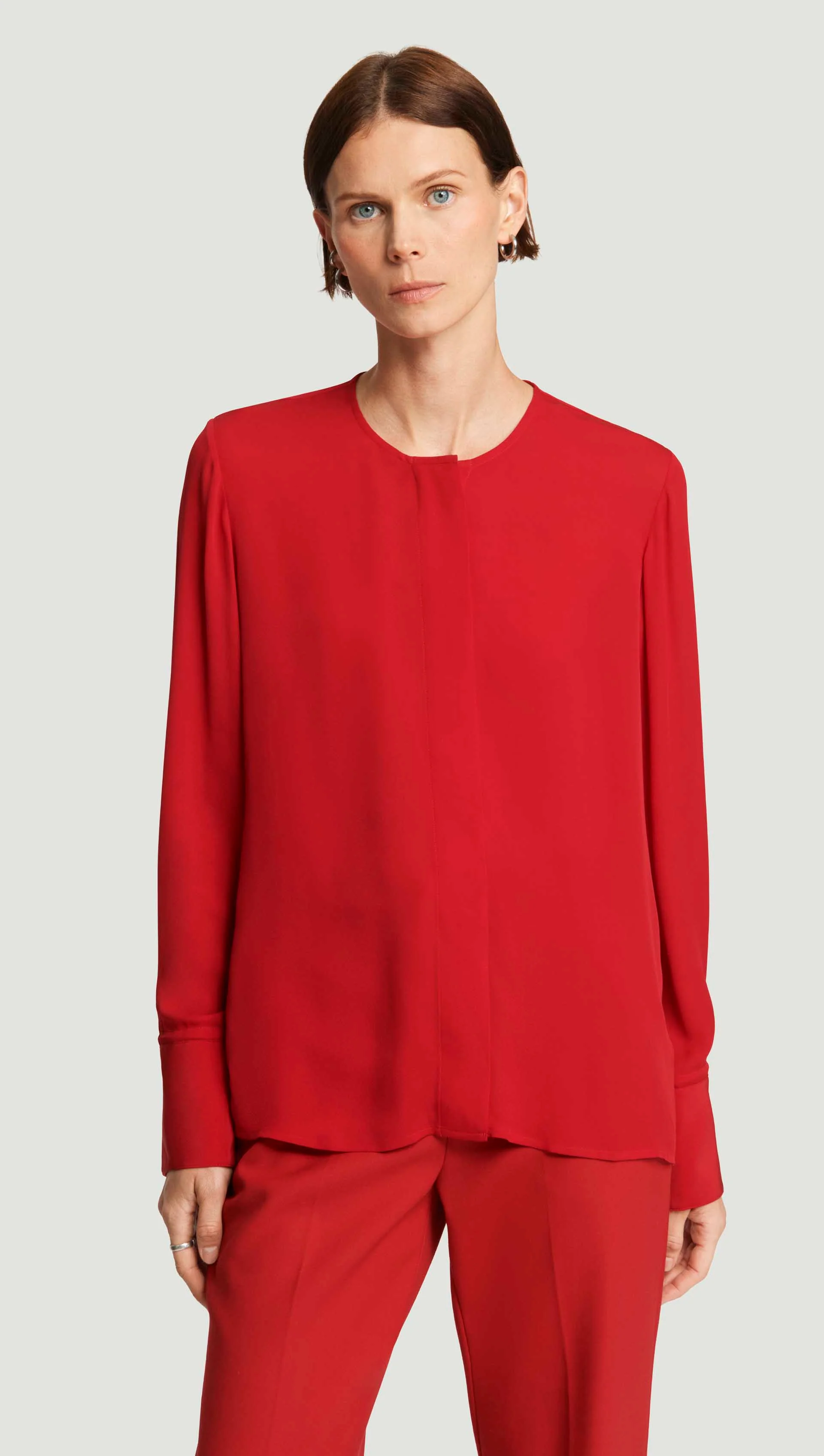 Collarless Blouse in Silk Double Georgette | Ruby Red - Image 6