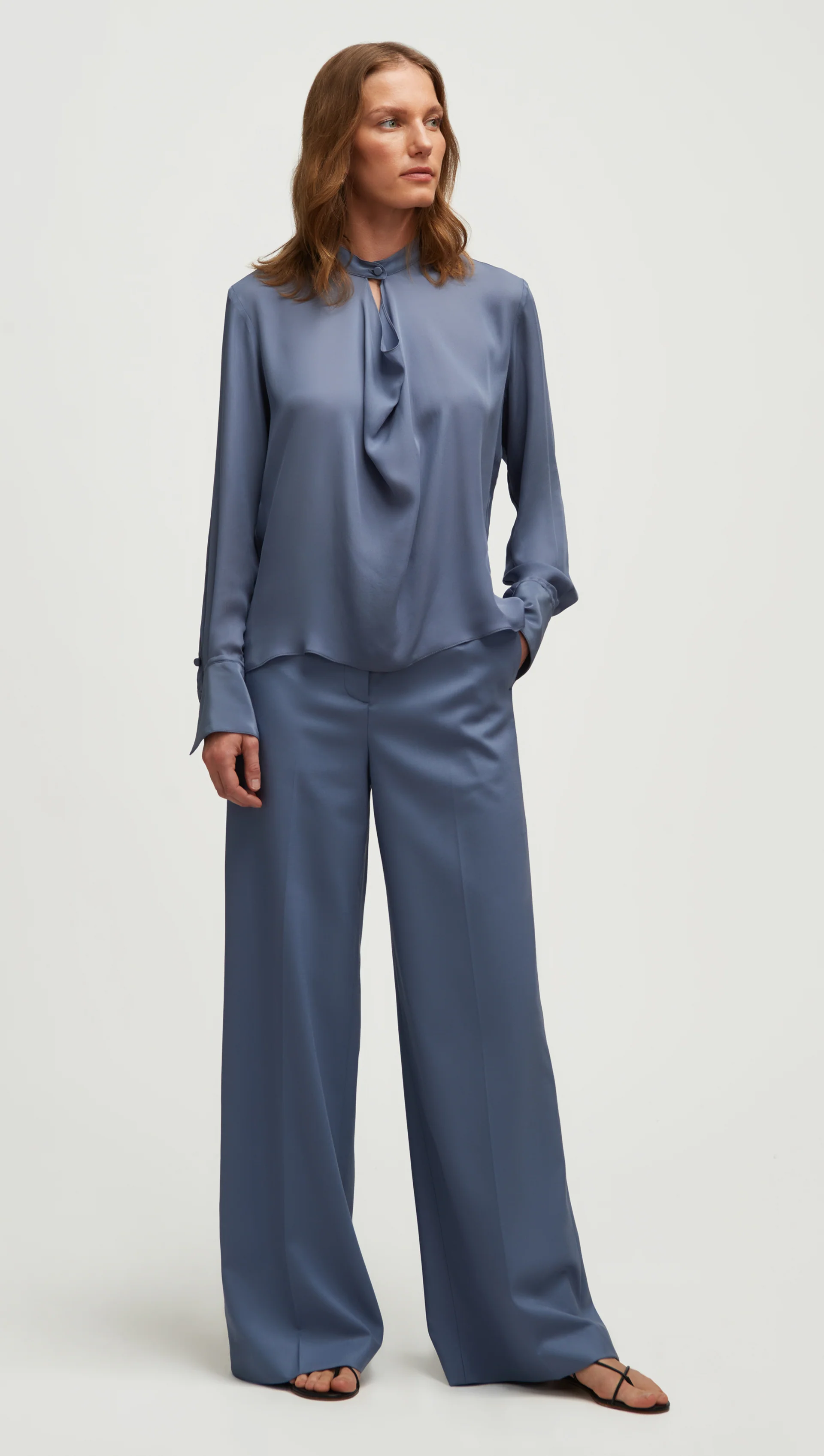 Cowl Neck Blouse in Double Georgette | Powder Blue - Image 3