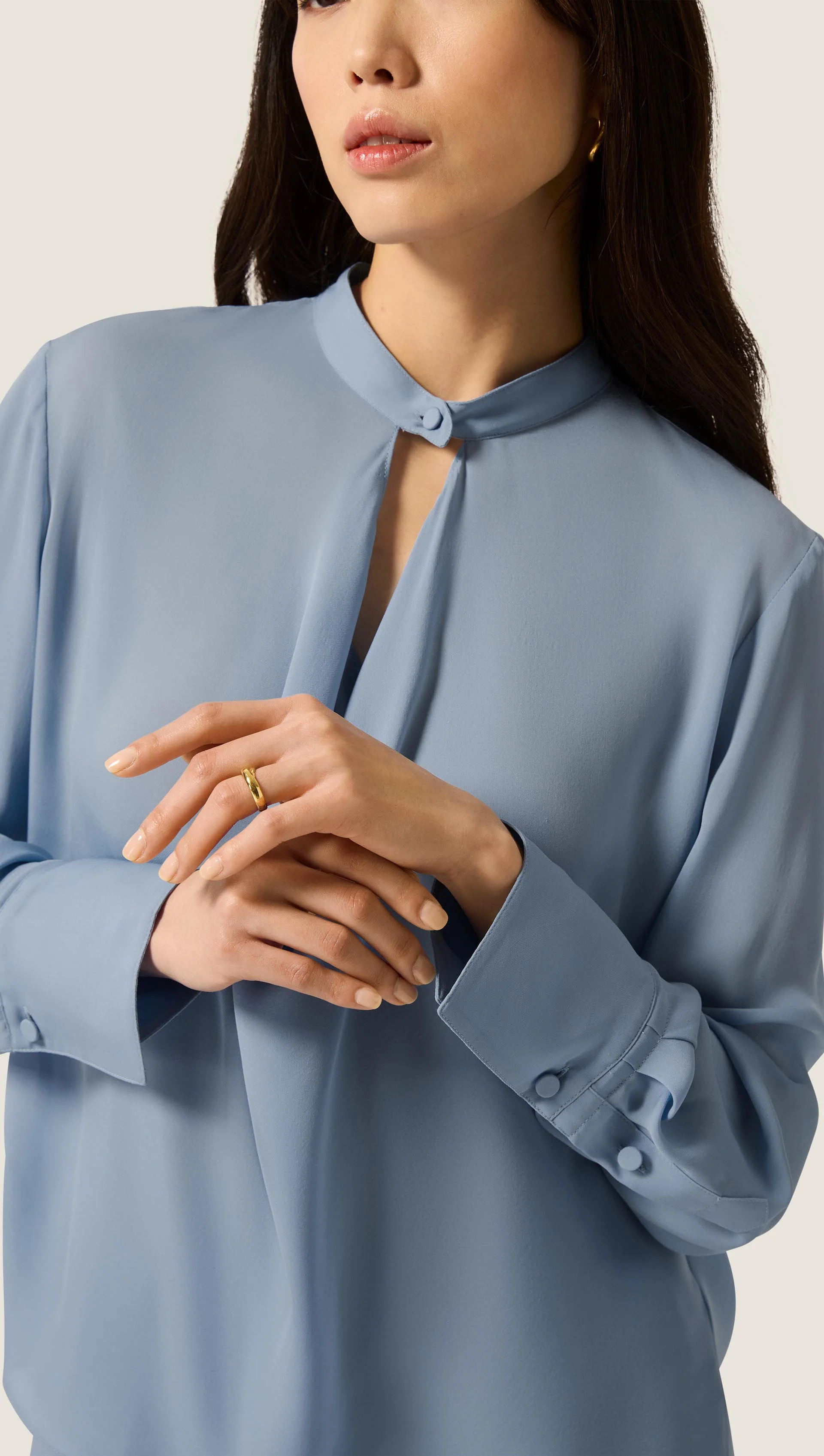 Cowl Neck Blouse in Double Georgette | Tufts Blue - Image 3