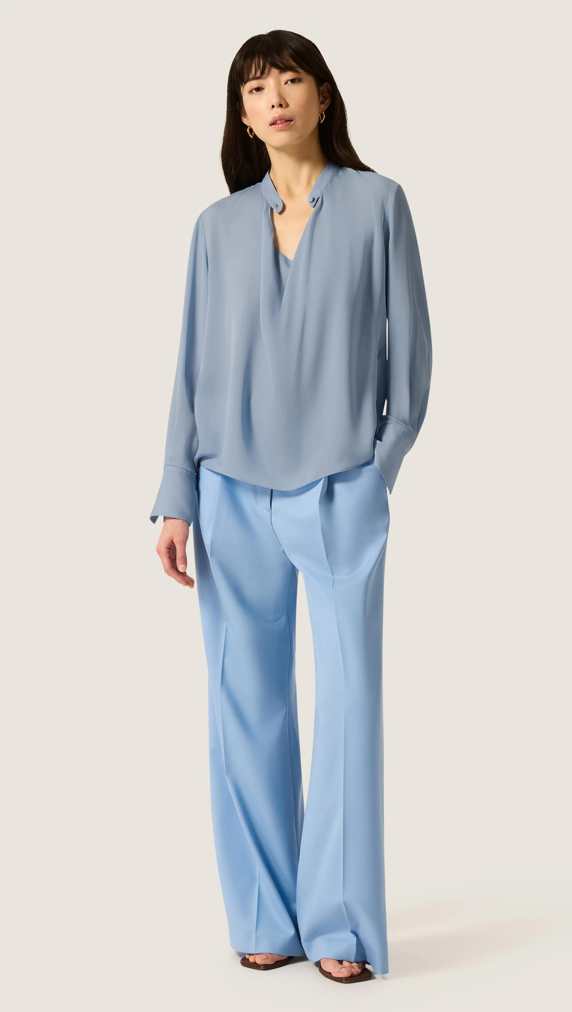 Cowl Neck Blouse in Double Georgette | Tufts Blue - Image 4