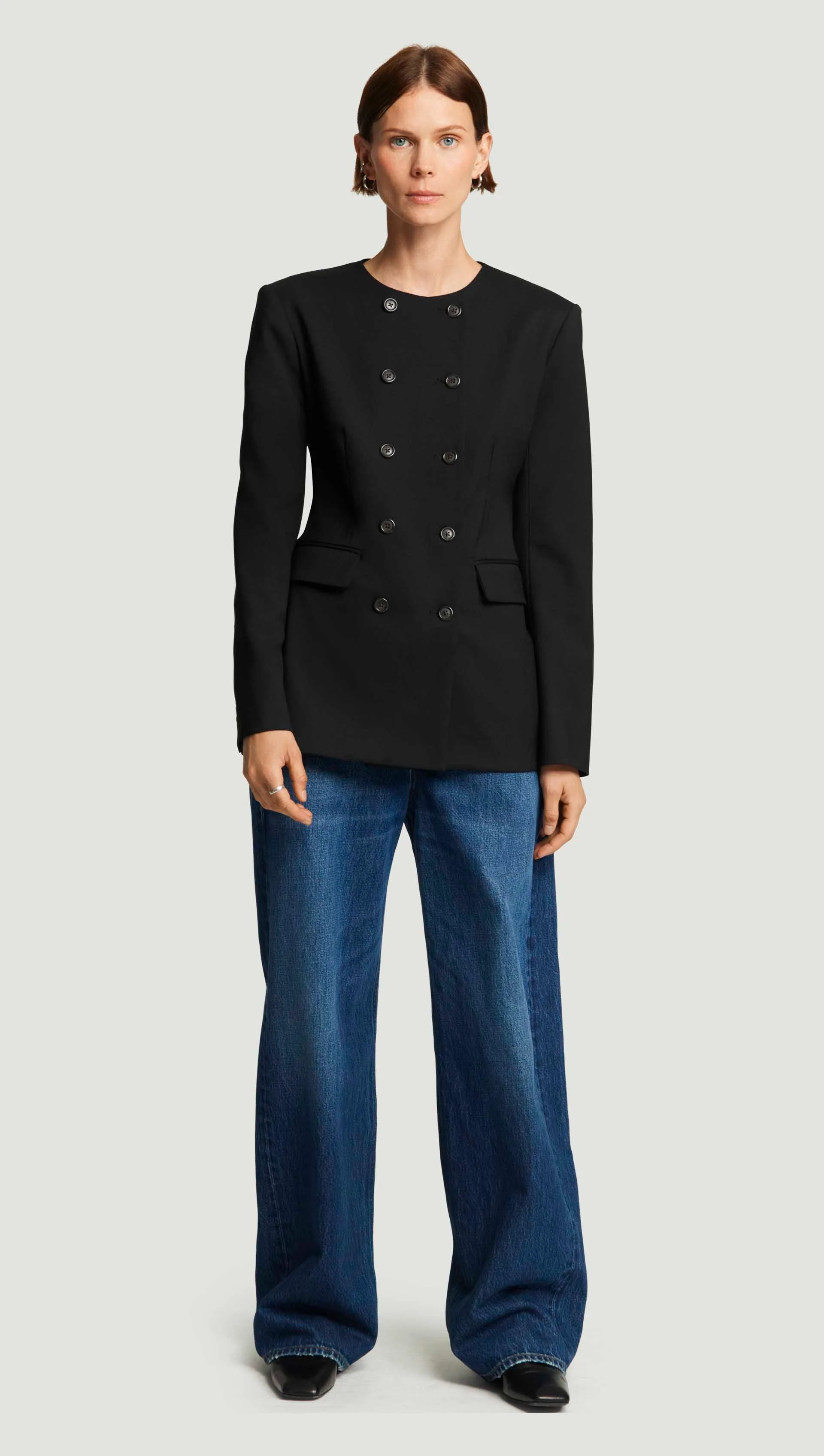 Double-Breasted Crewneck Blazer in Seasonless Wool | Black - Image 4