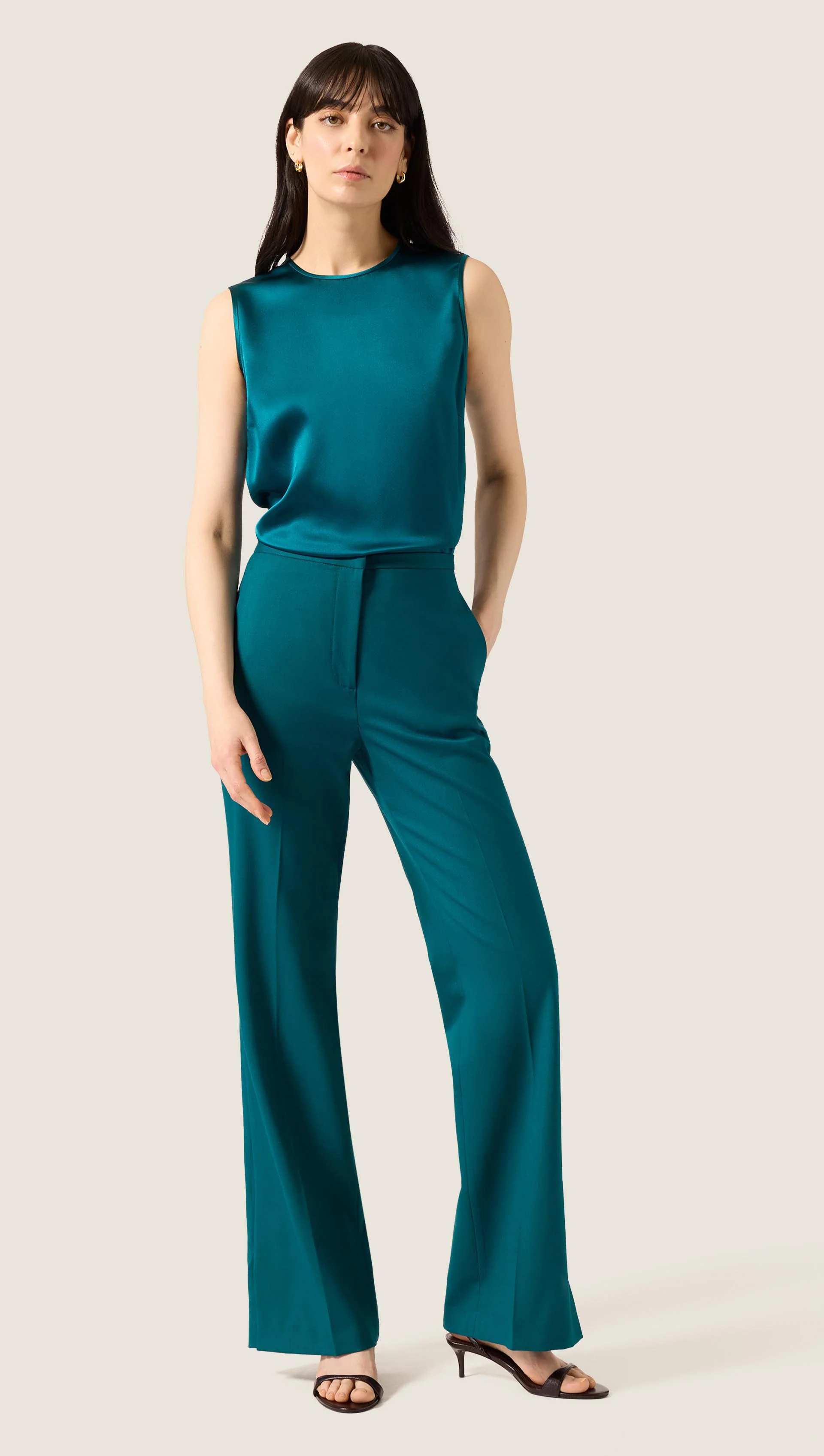Crewneck Tank in Silk Charmeuse | Deep Teal - Image 3