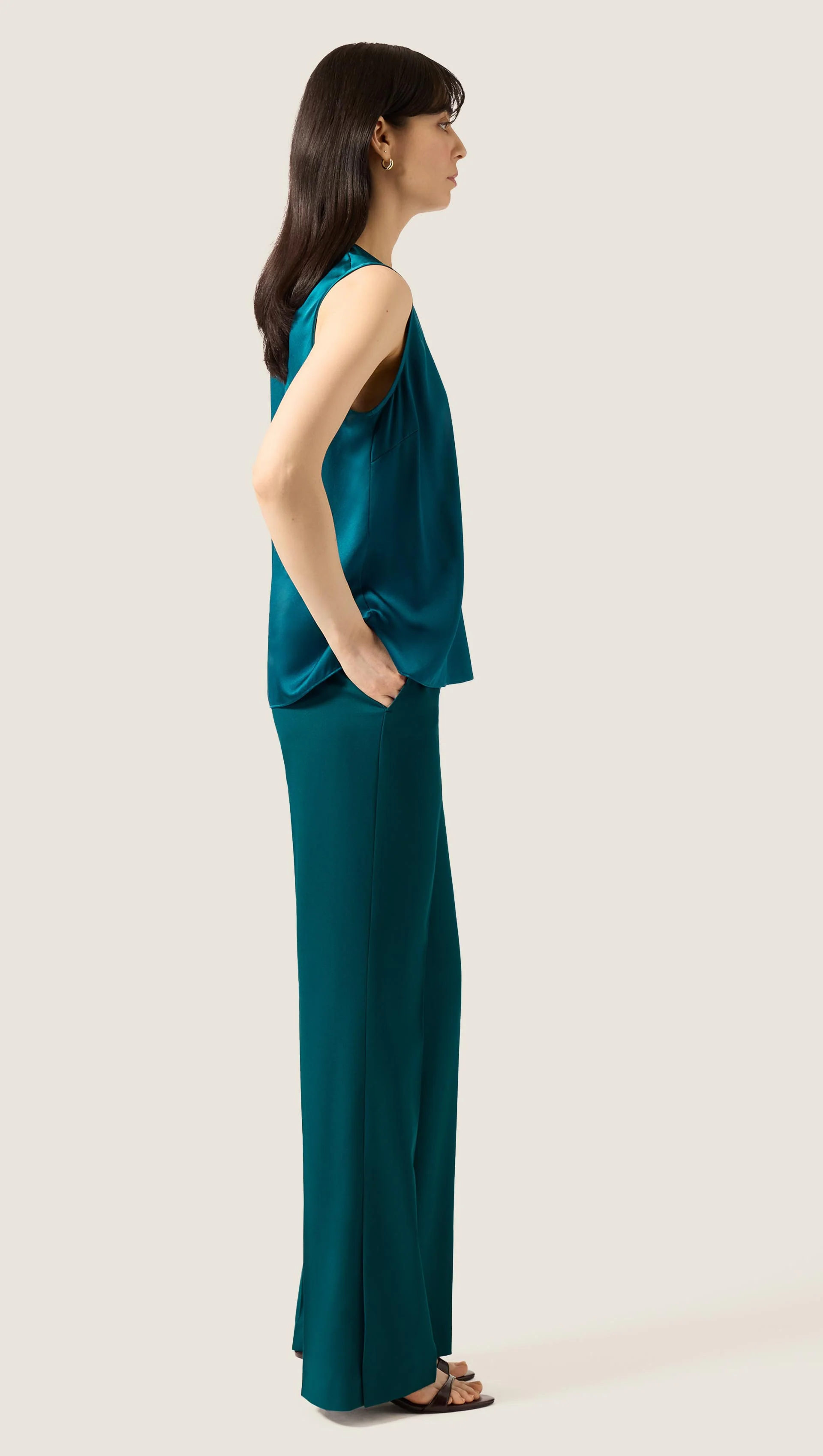 Crewneck Tank in Silk Charmeuse | Deep Teal - Image 4
