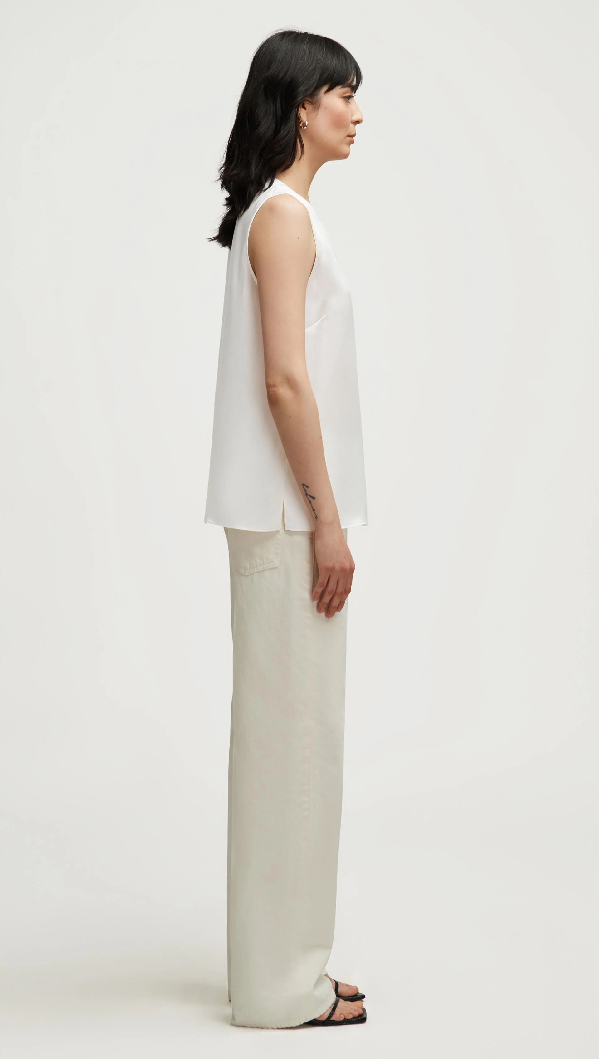 Crewneck Tank in Silk Charmeuse | Ivory - Image 3