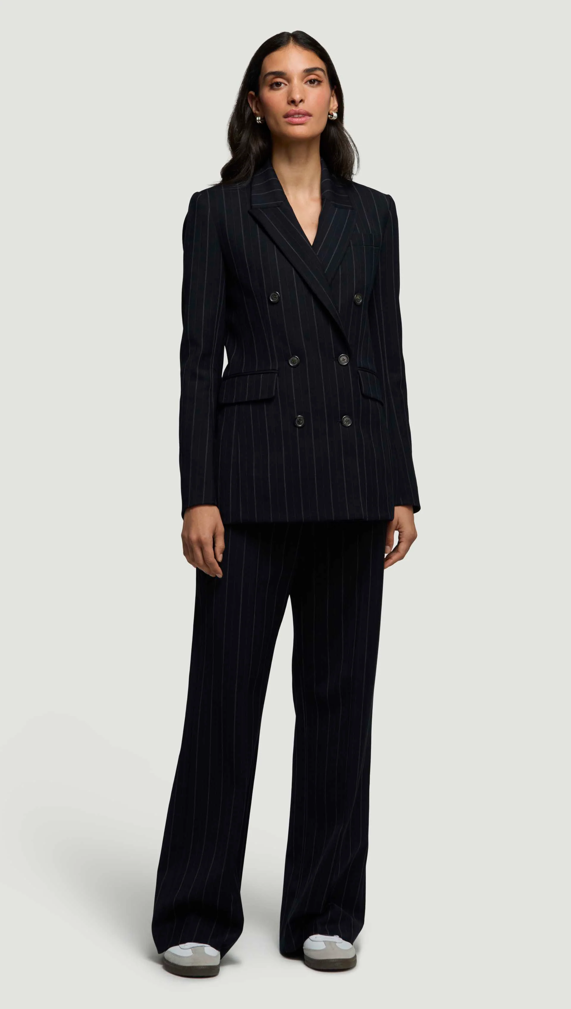 Double-Breasted Blazer in Stretch Wool | Herringbone Midnight Stripe - Image 3