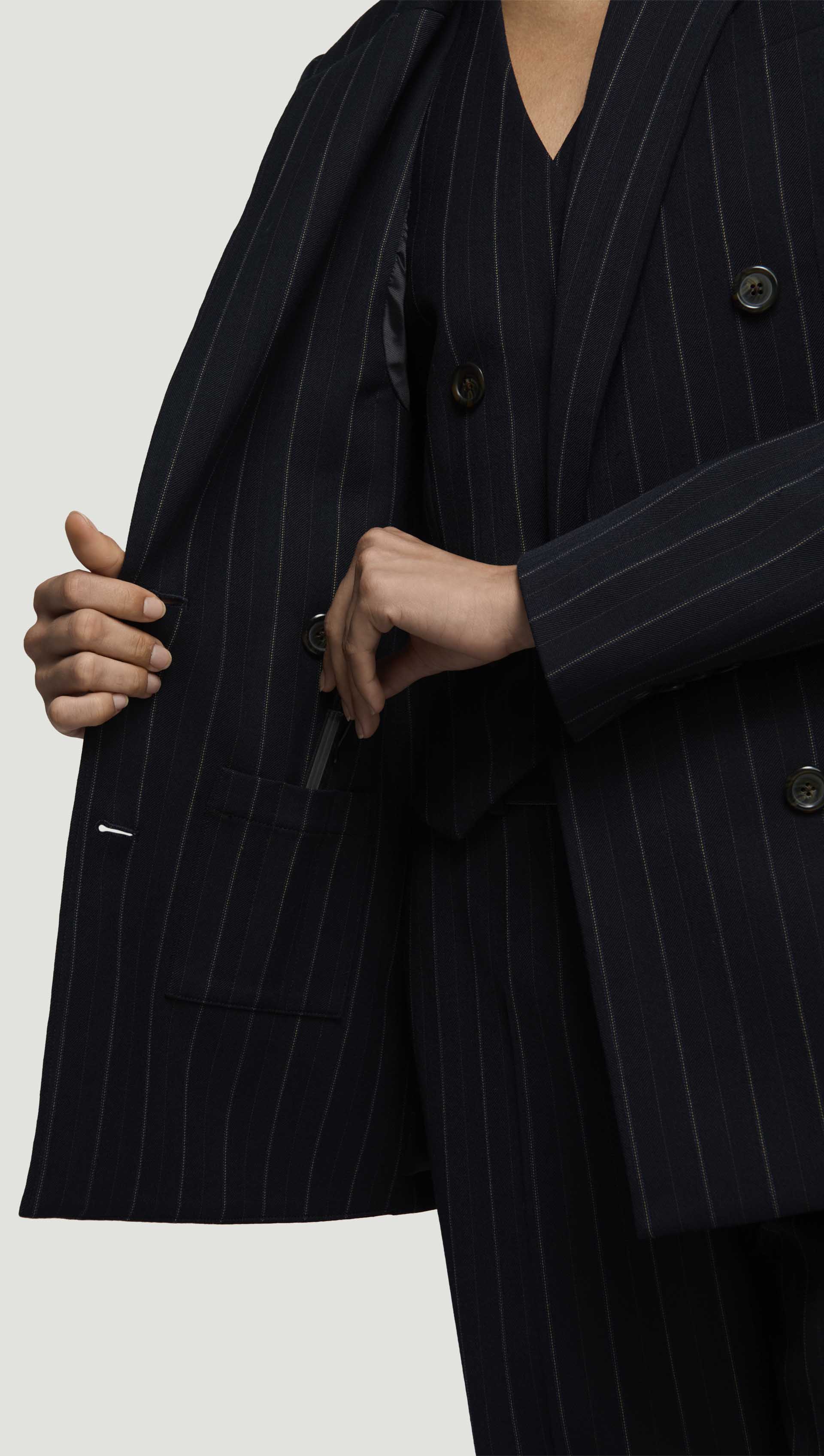 Double-Breasted Blazer in Stretch Wool | Herringbone Midnight Stripe - Image 5