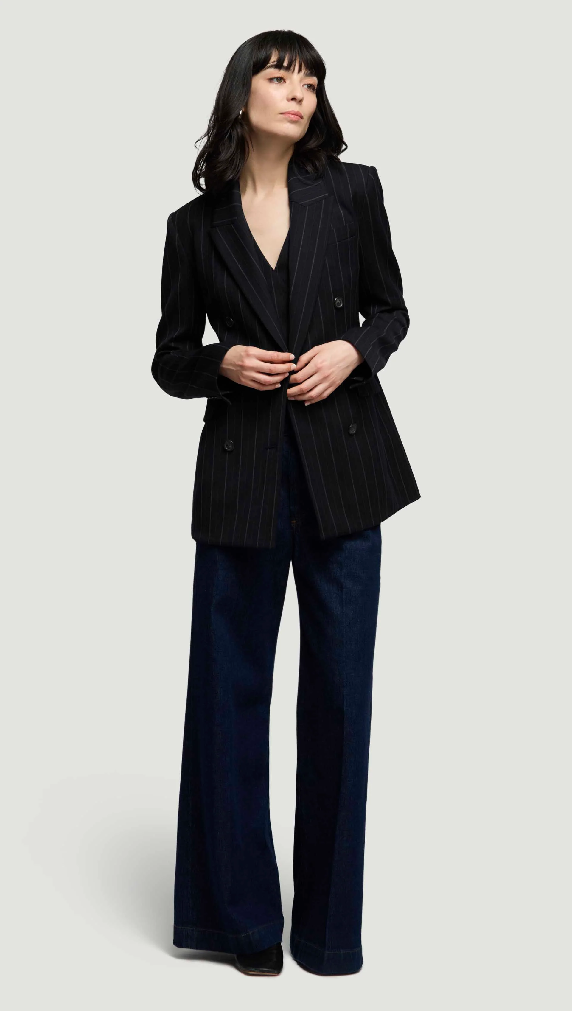 Double-Breasted Blazer in Stretch Wool | Herringbone Midnight Stripe - Image 7