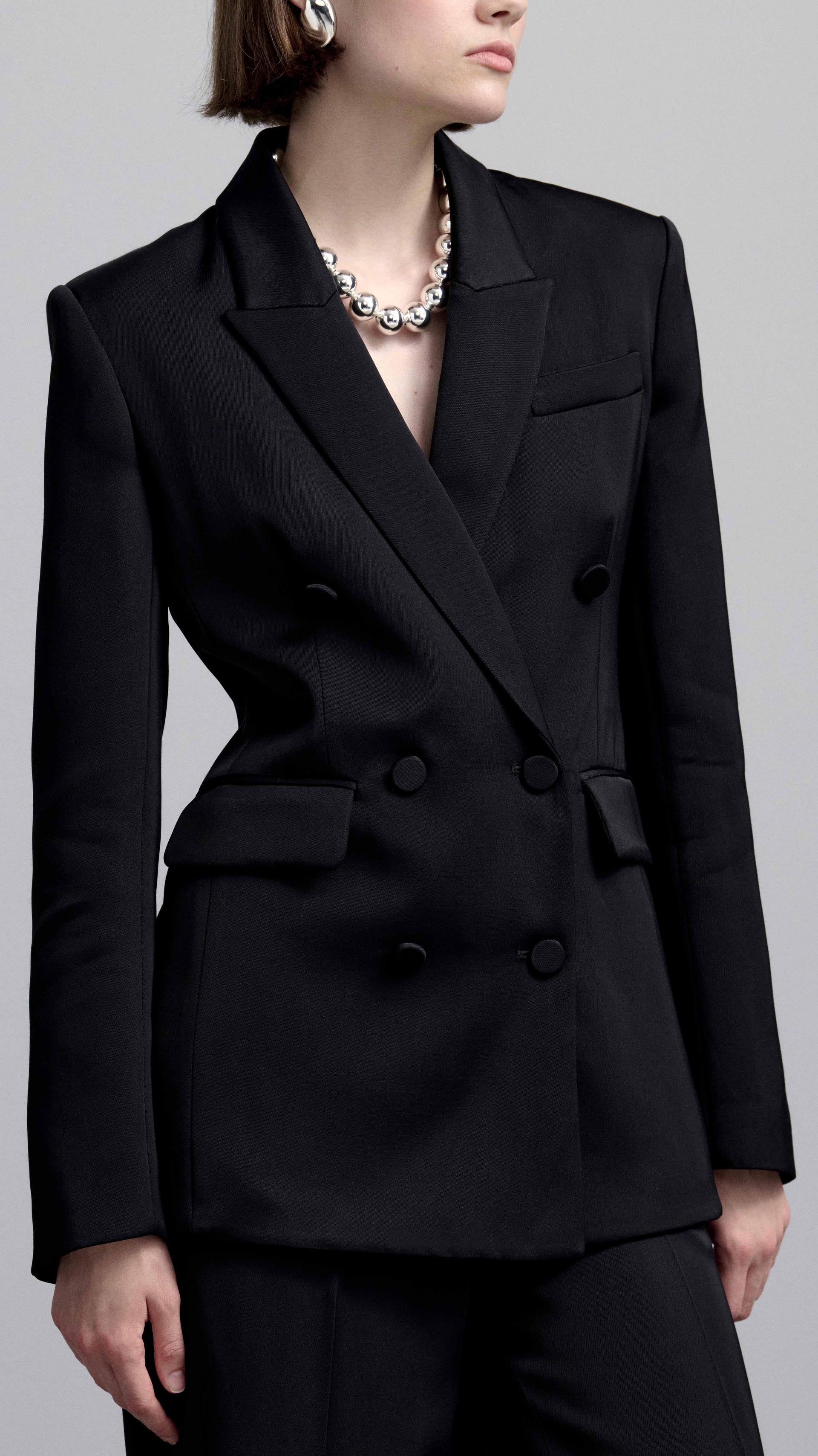 Double-Breasted Blazer in Viscose Satin Twill | Black - Image 7