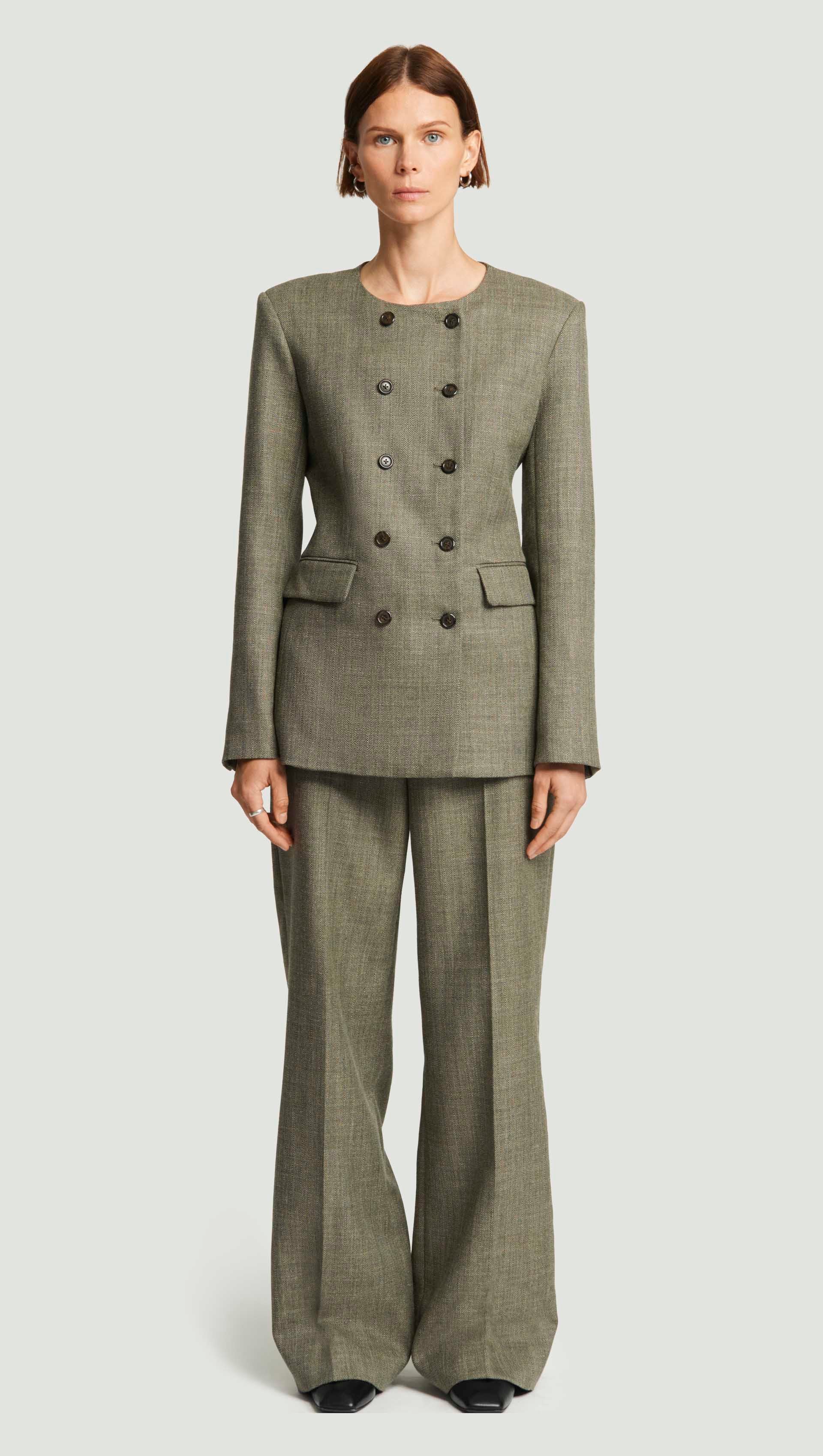 Double-Breasted Crewneck Blazer in Herringbone | Ash - Image 2