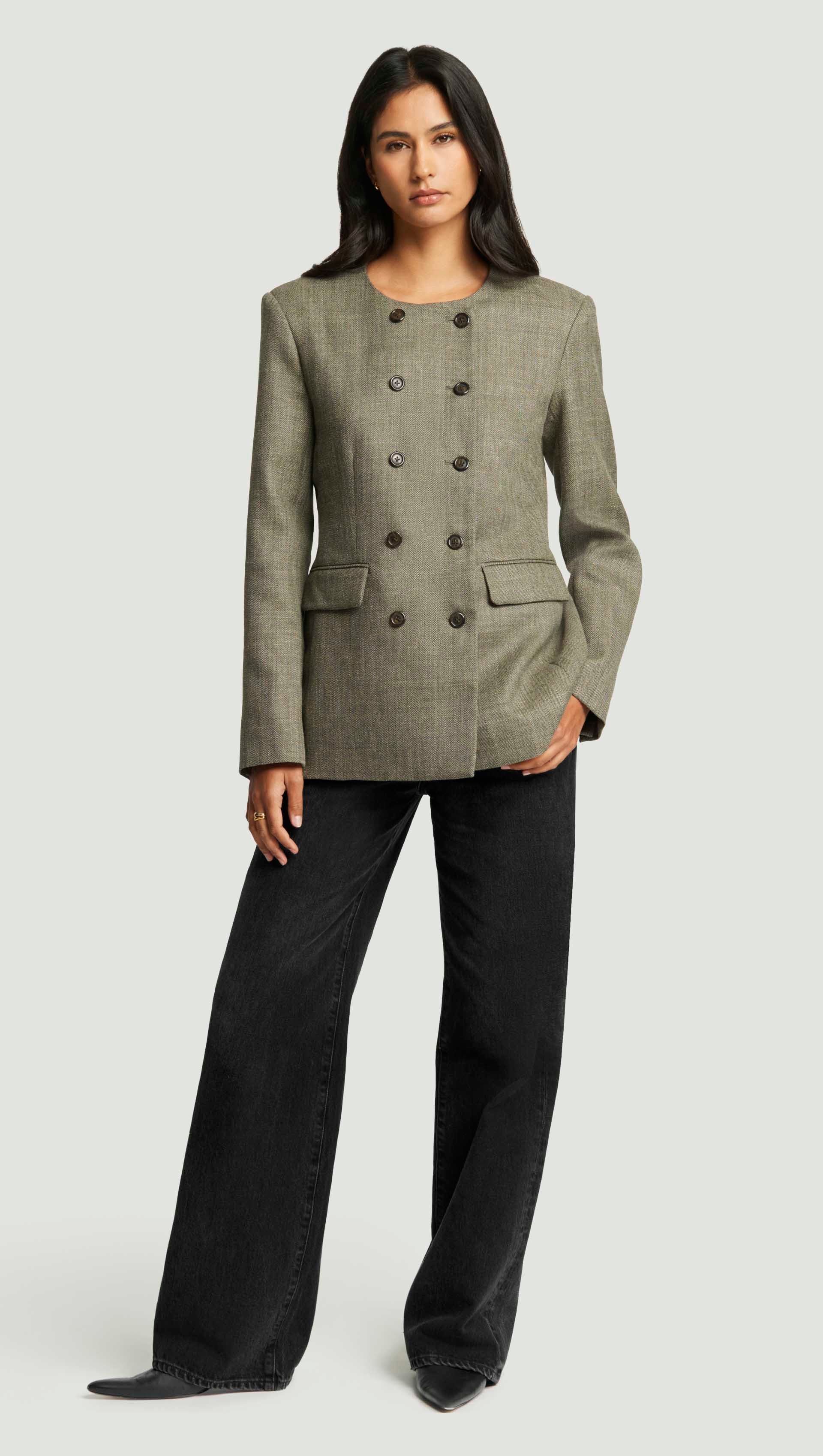Double-Breasted Crewneck Blazer in Herringbone | Ash - Image 5