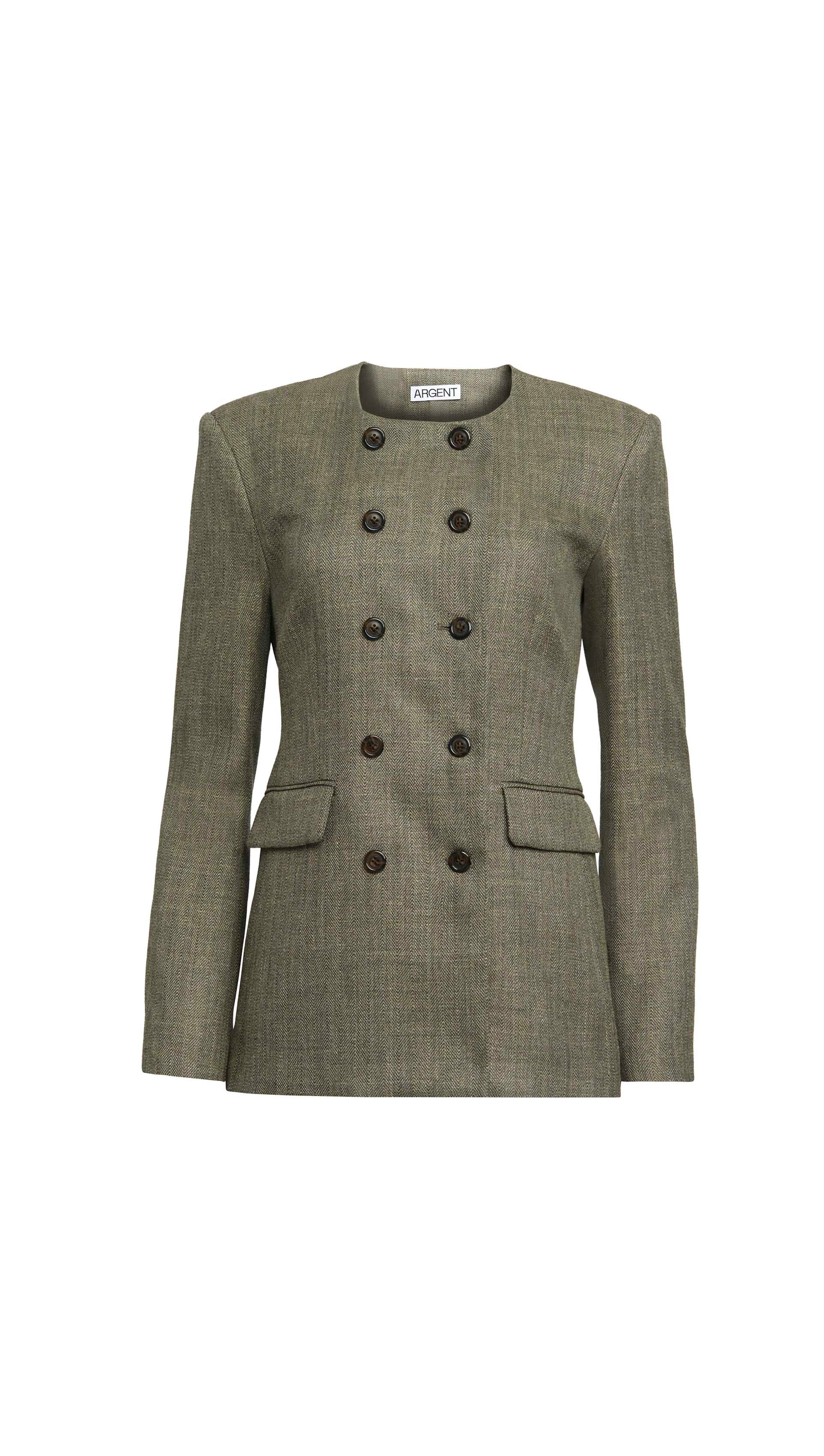 Double-Breasted Crewneck Blazer in Herringbone | Ash - Image 8