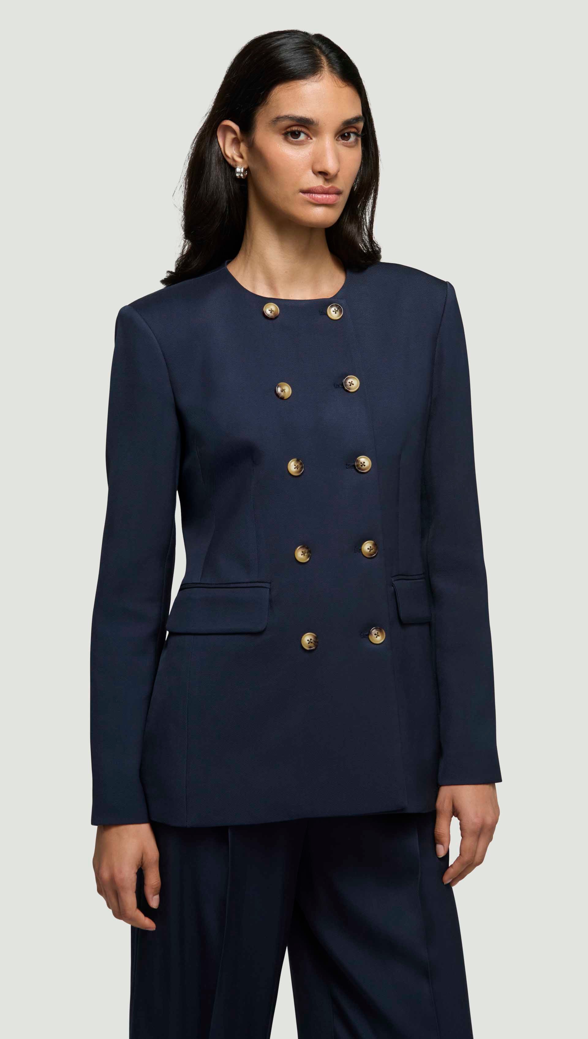 Double-Breasted Crewneck Blazer in Satin Twill | Navy