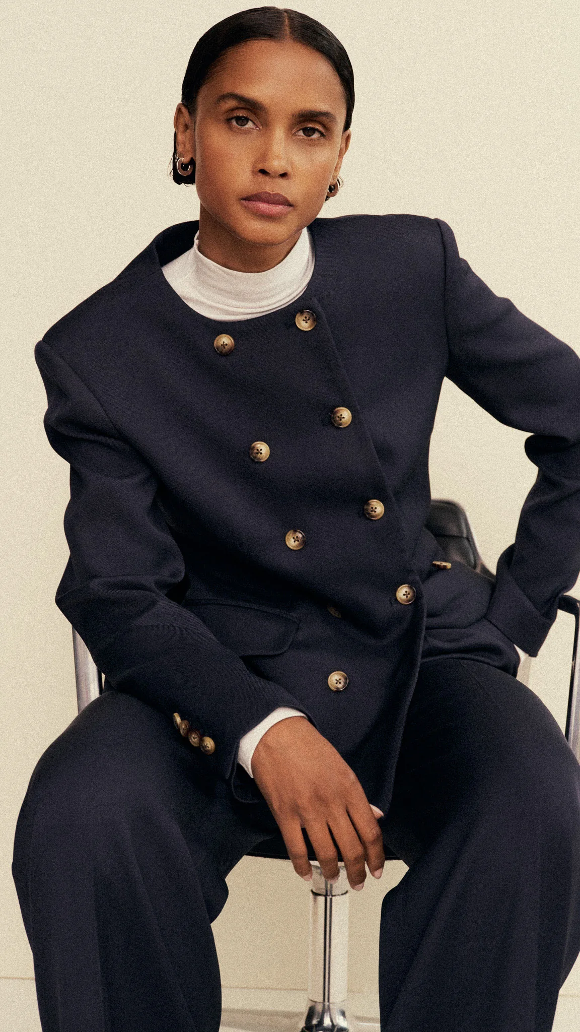 Double-Breasted Crewneck Blazer in Satin Twill | Navy - Image 10