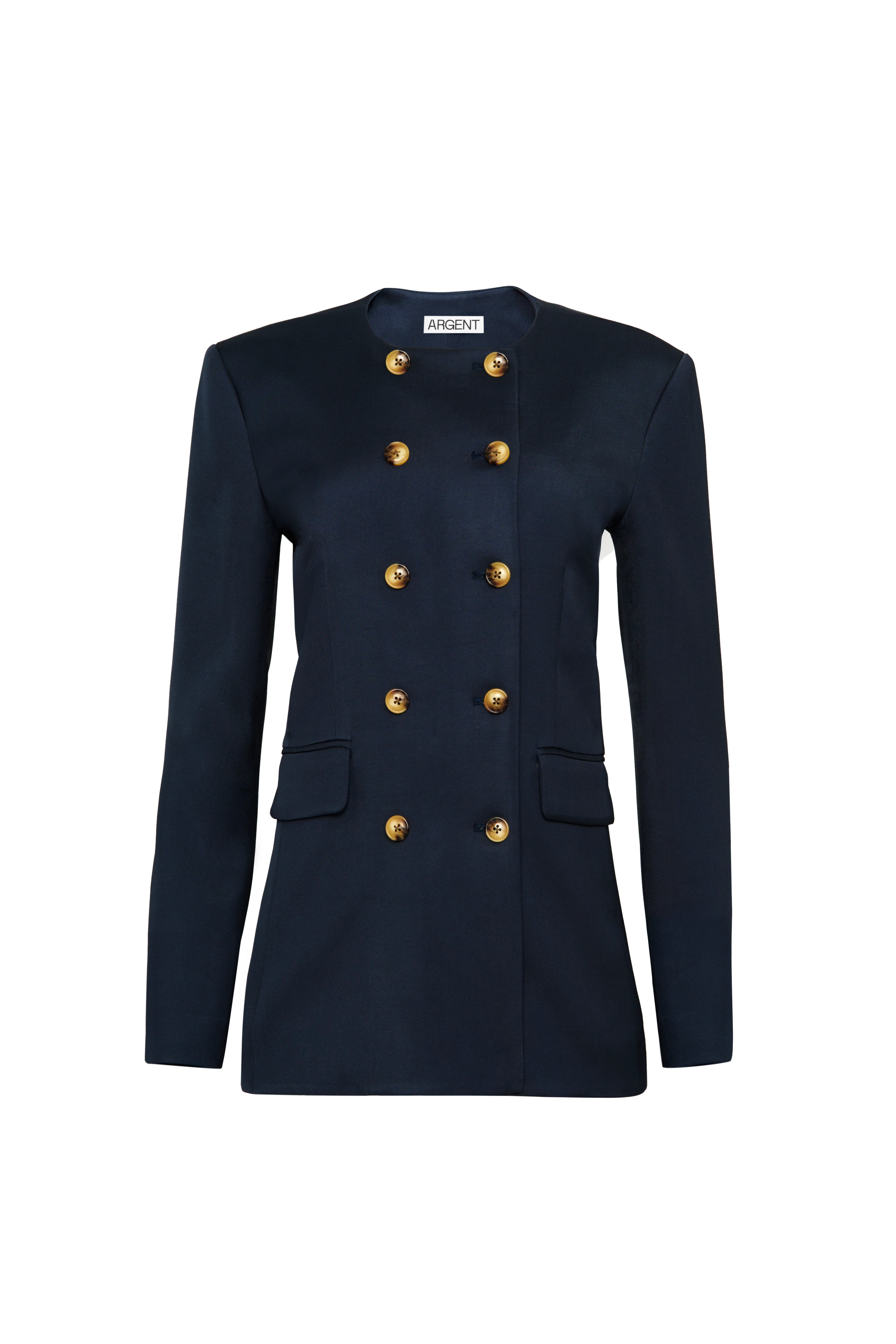 Double-Breasted Crewneck Blazer in Satin Twill | Navy - Image 11