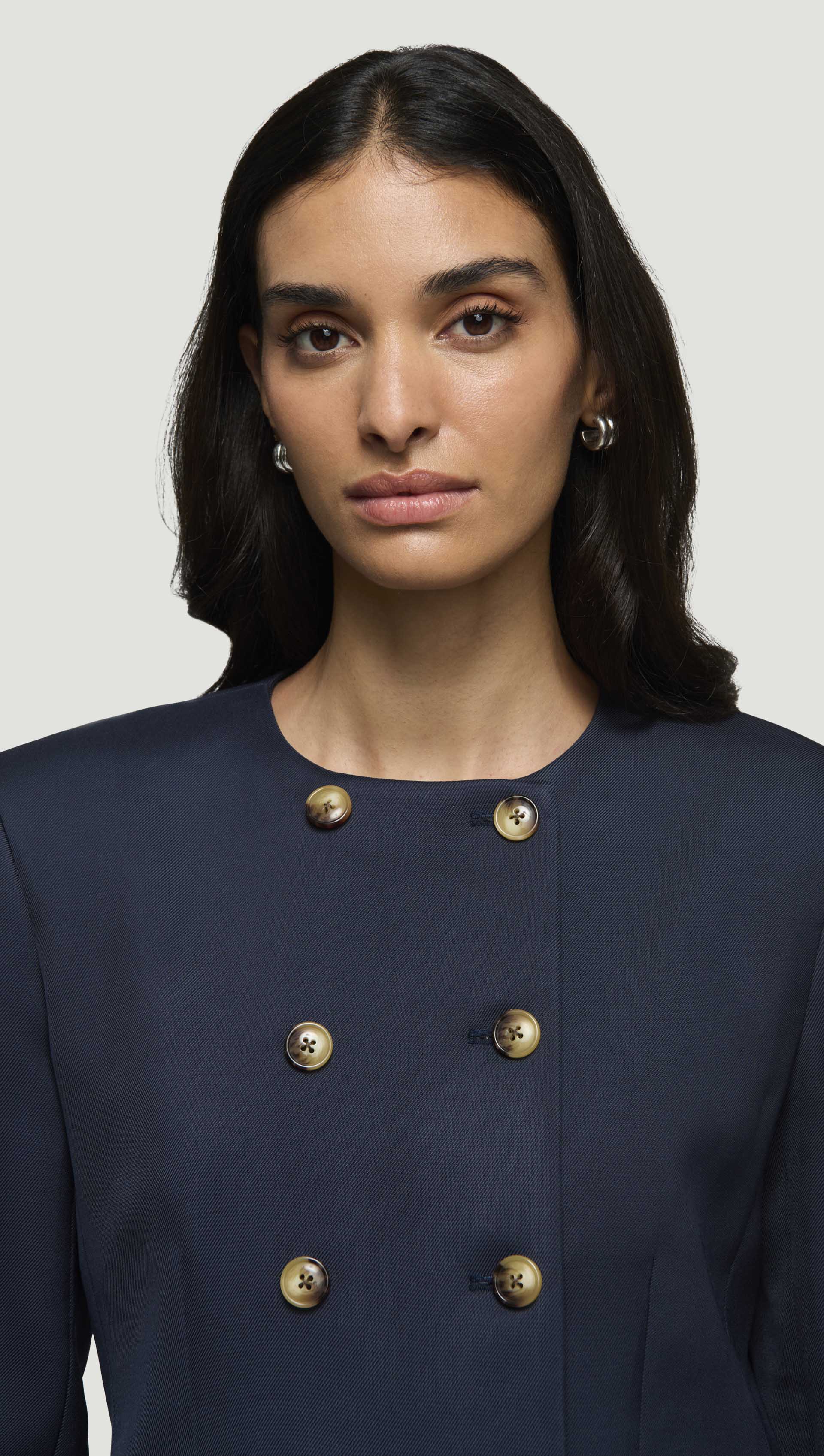Double-Breasted Crewneck Blazer in Satin Twill | Navy - Image 2