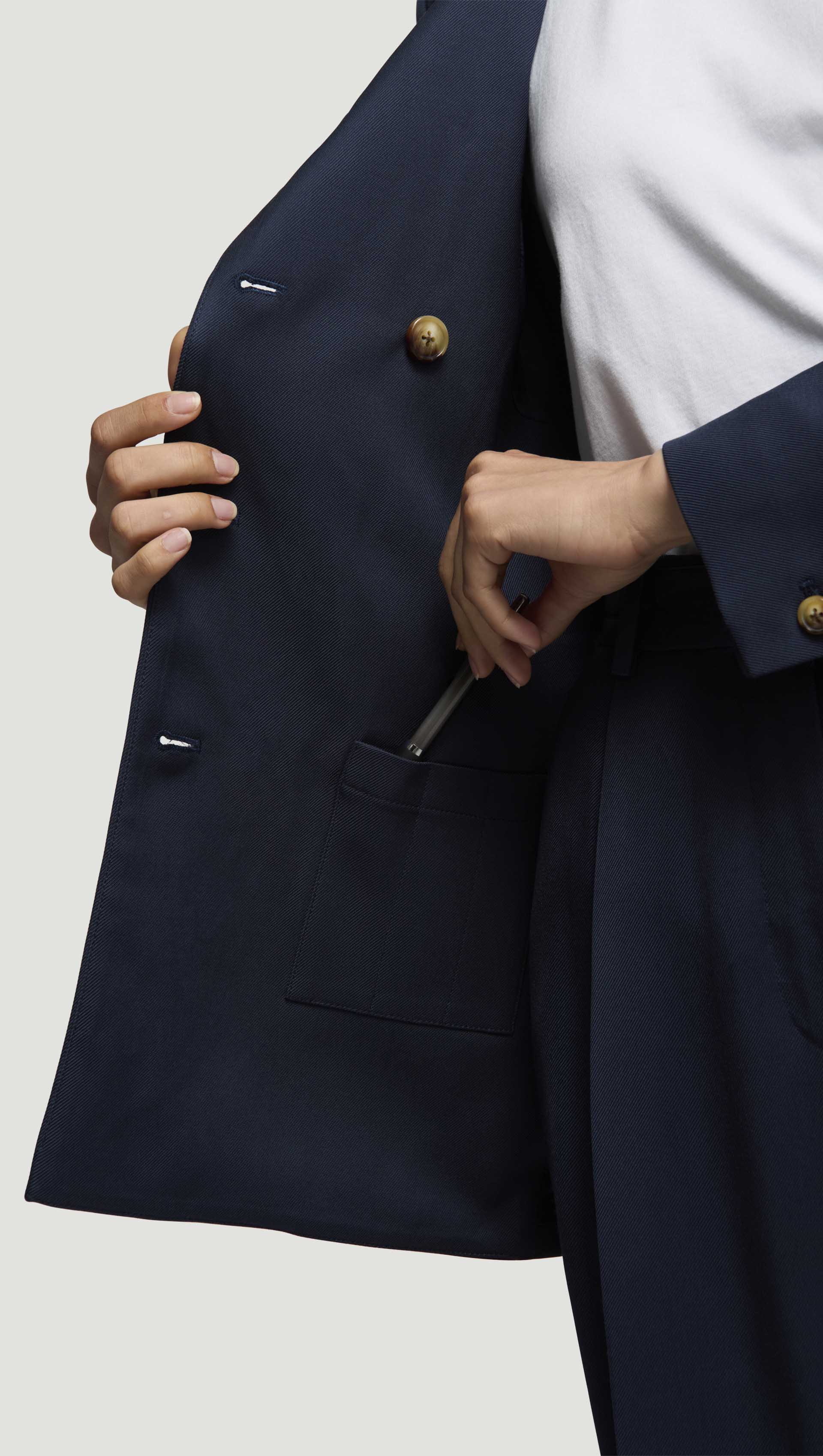Double-Breasted Crewneck Blazer in Satin Twill | Navy - Image 3