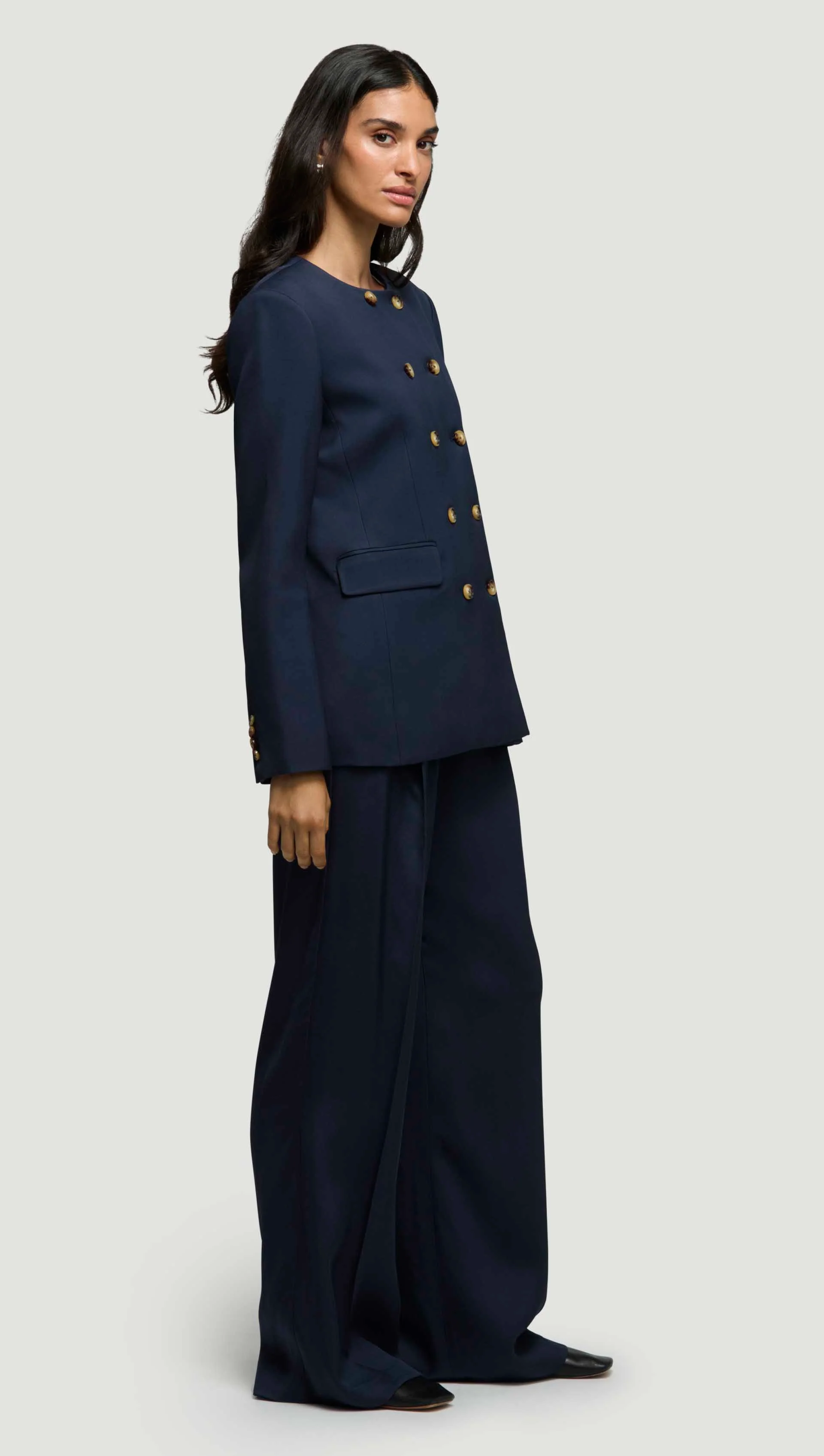 Double-Breasted Crewneck Blazer in Satin Twill | Navy - Image 6