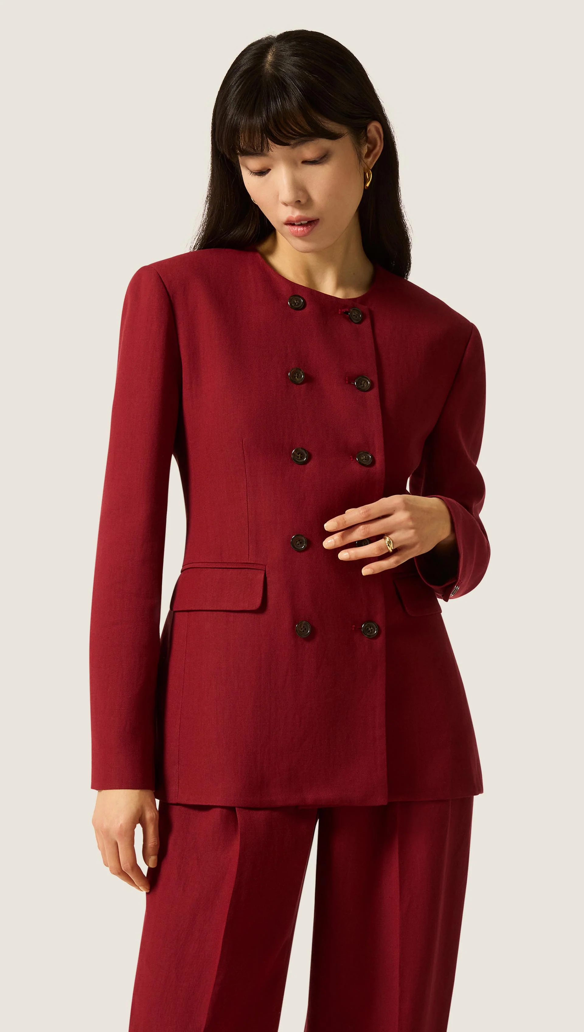 Double-Breasted Crewneck Blazer in Viscose Linen | Maroon