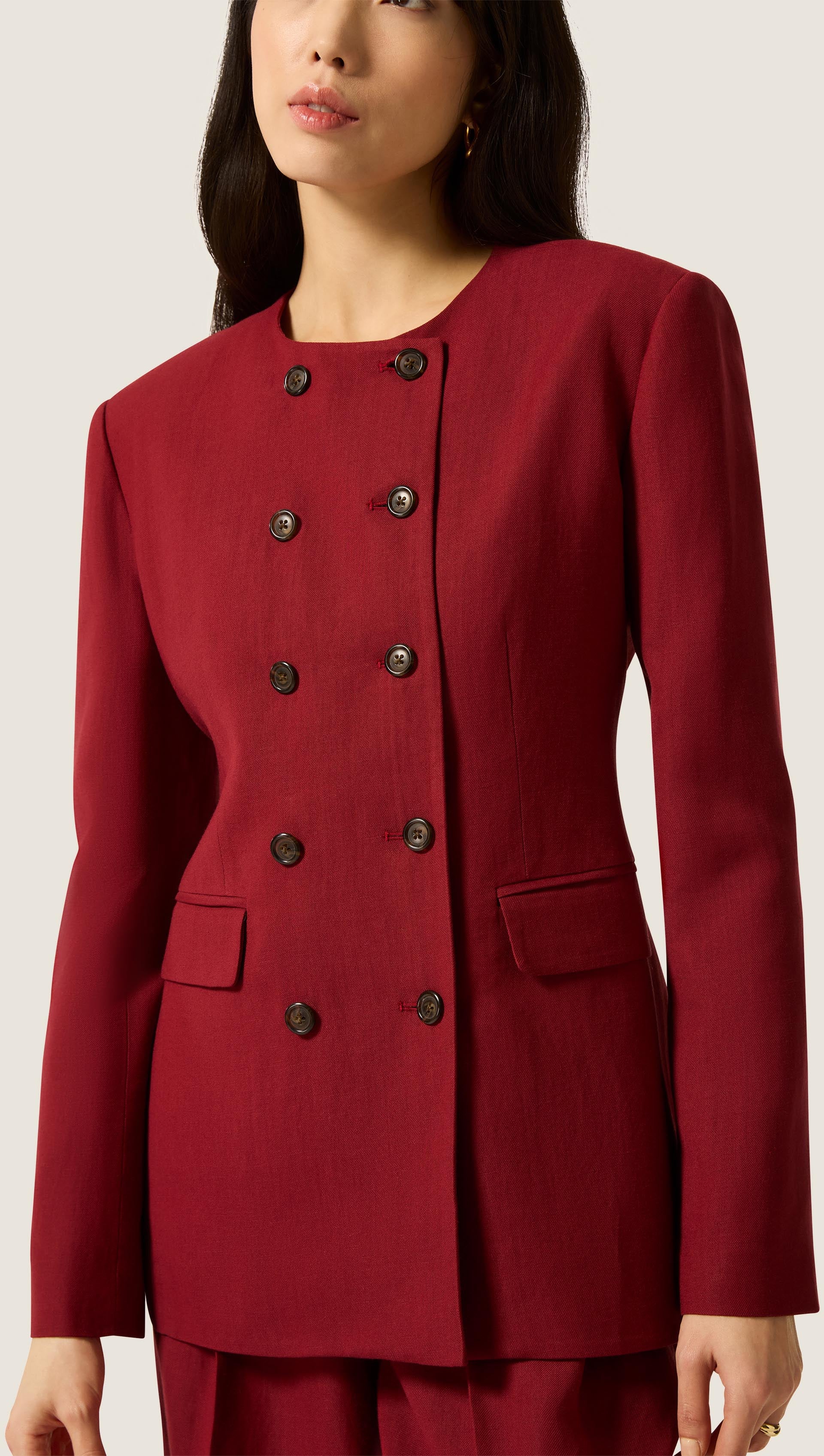 Double-Breasted Crewneck Blazer in Viscose Linen | Maroon - Image 2
