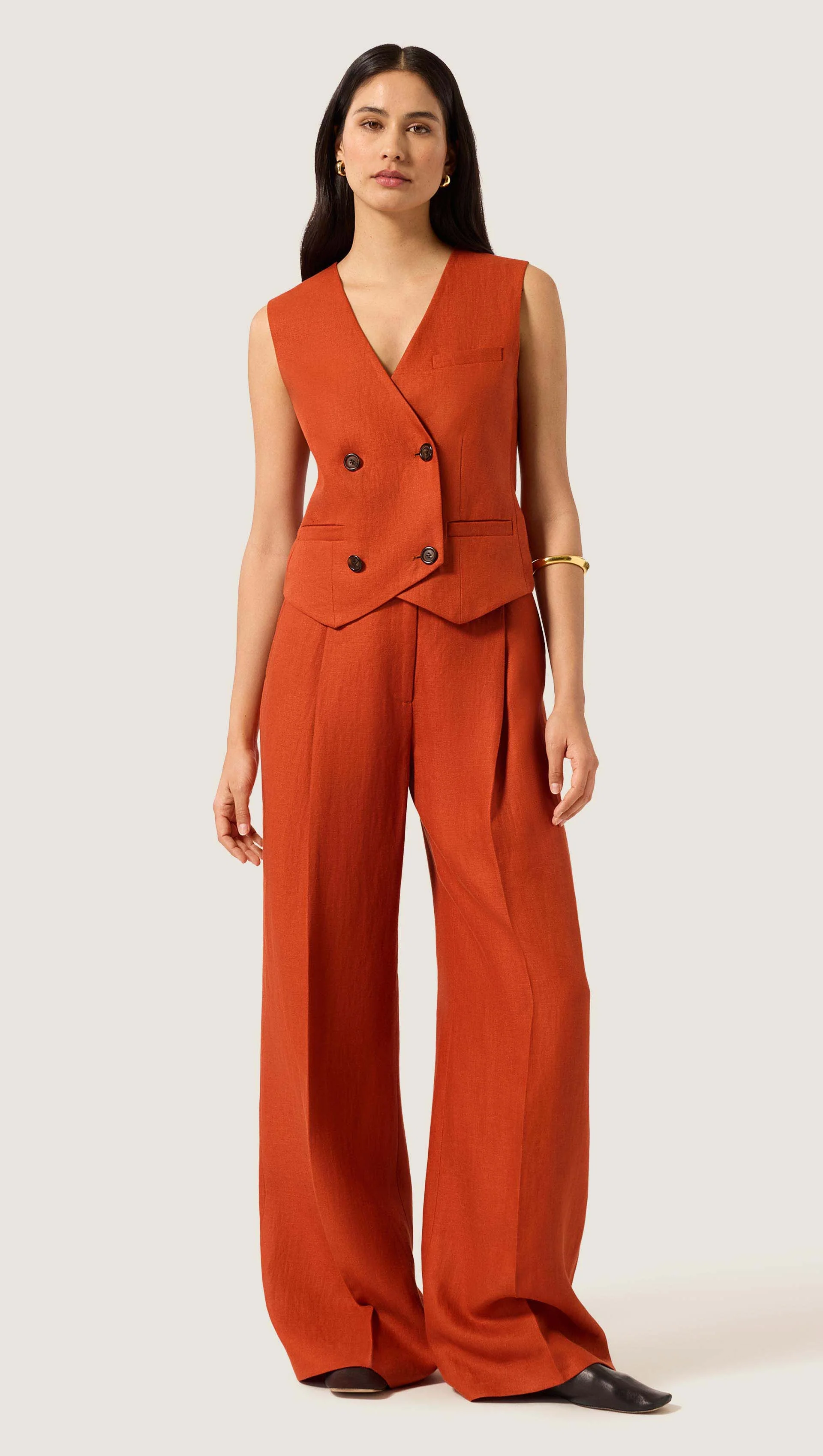 Double-Breasted Waistcoat in Linen Twill | Deep Persimmon - Image 2
