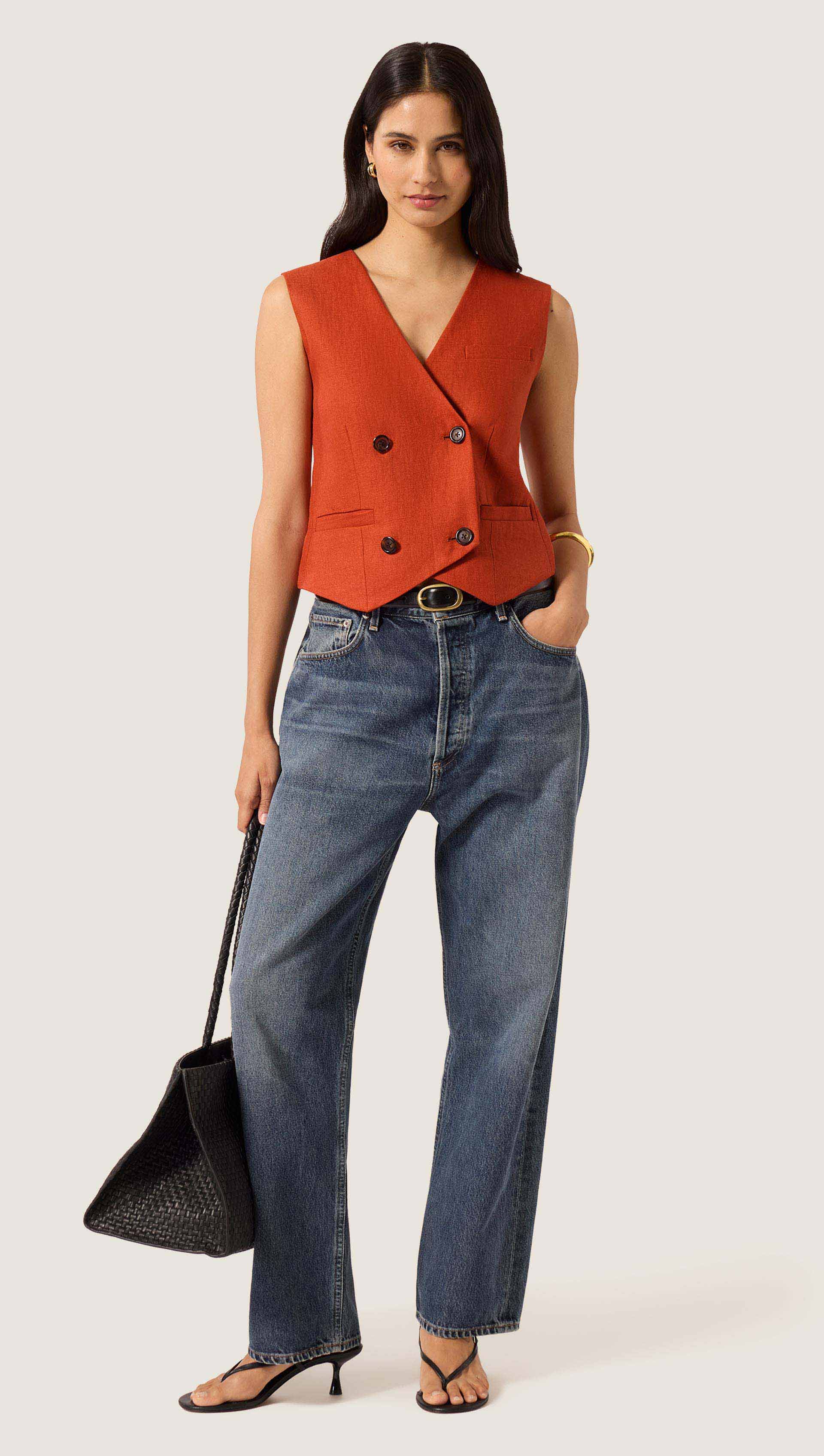 Double-Breasted Waistcoat in Linen Twill | Deep Persimmon - Image 5