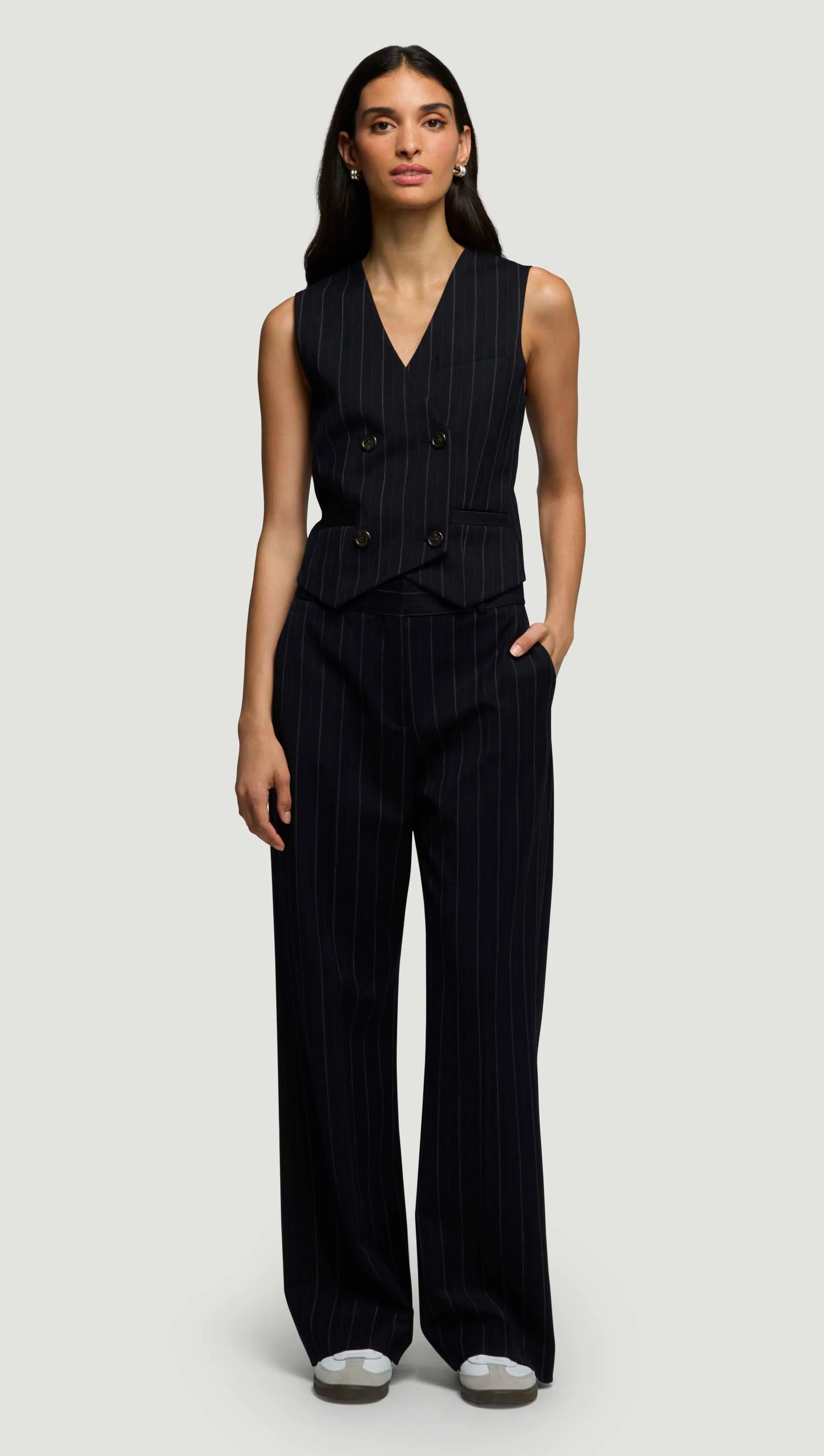 Double-Breasted Waistcoat in Stretch Wool | Herringbone Midnight Stripe - Image 3