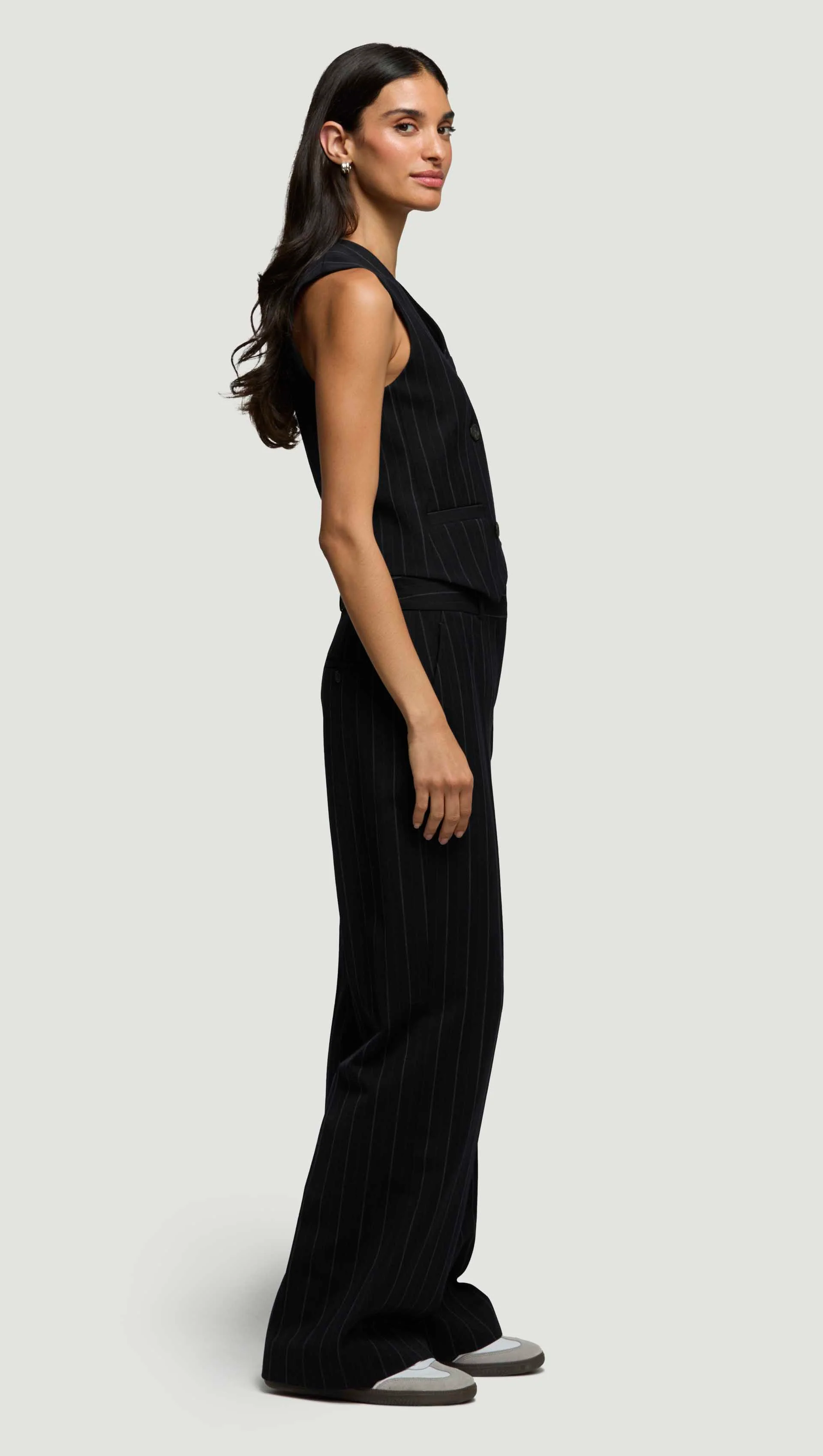 Double-Breasted Waistcoat in Stretch Wool | Herringbone Midnight Stripe - Image 4