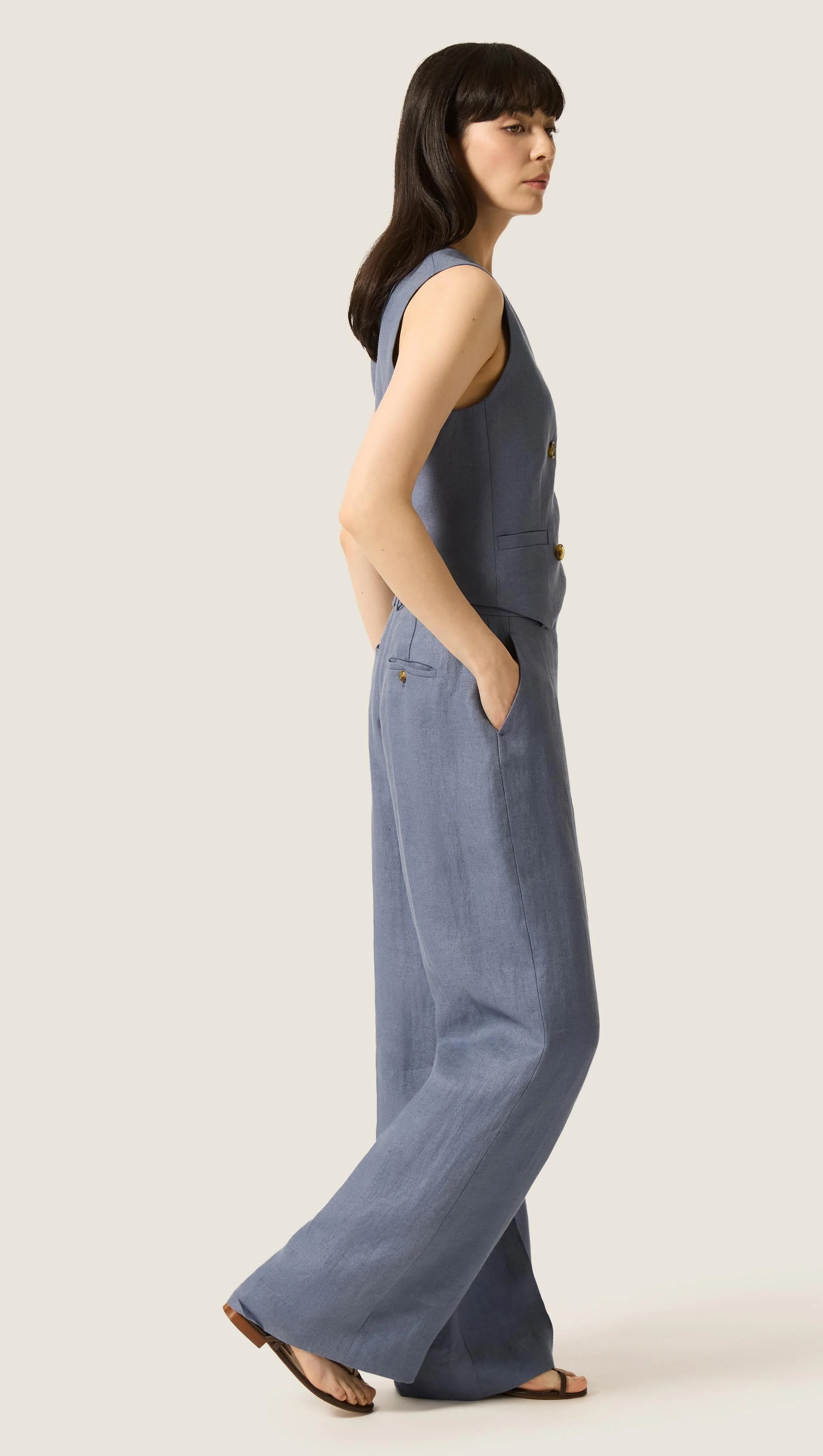 Double-Breasted Waistcoat in Basket Weave Linen | Blue Grey - Image 2