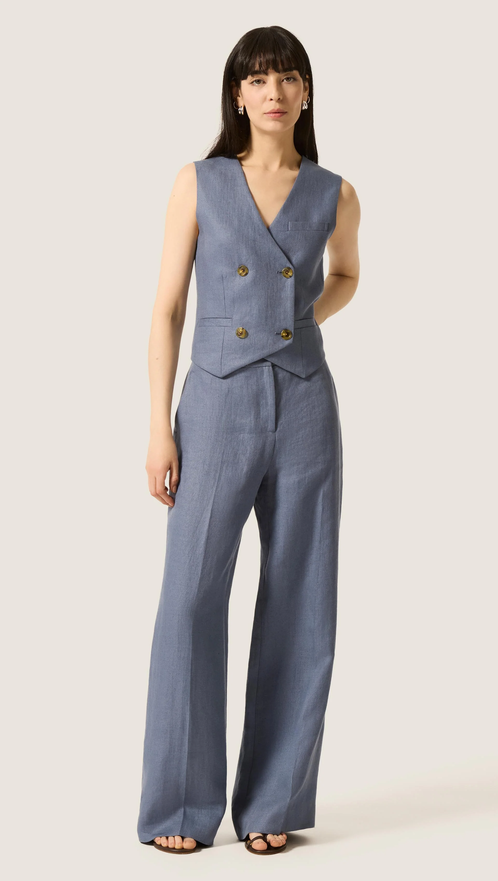 Double-Breasted Waistcoat in Basket Weave Linen | Blue Grey - Image 5